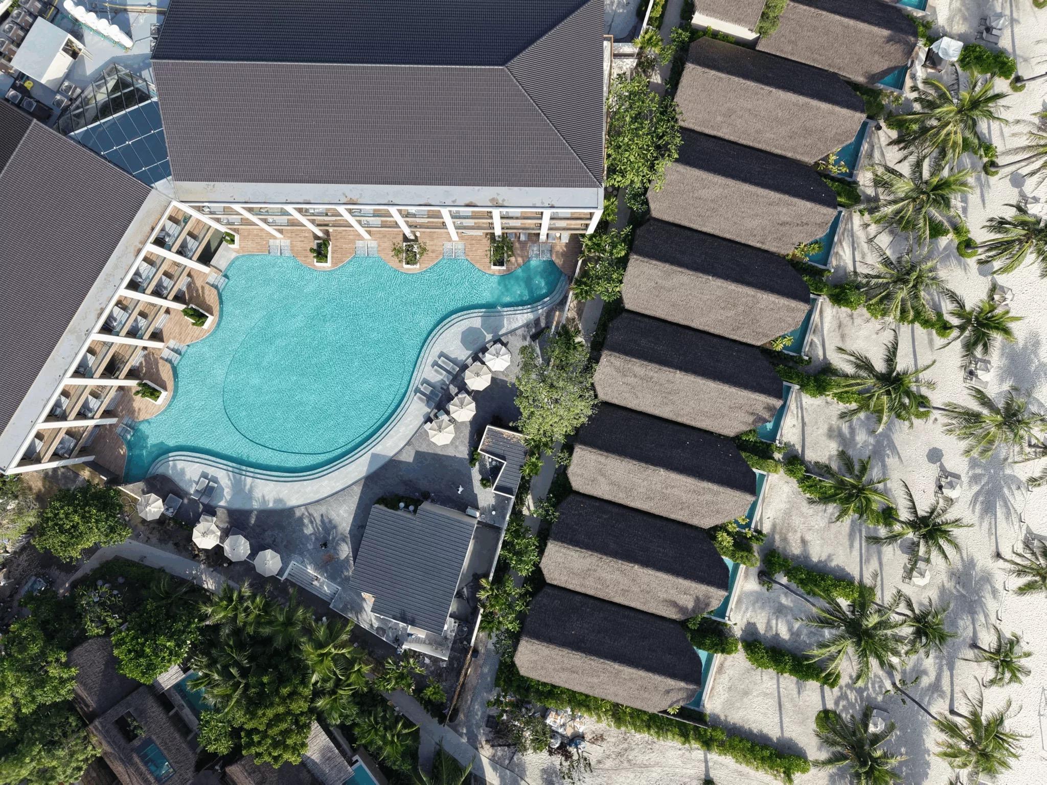 an aerial view of a hotel's curved swimming pool and loungers beside a row of thatched beachfront villas among palm trees