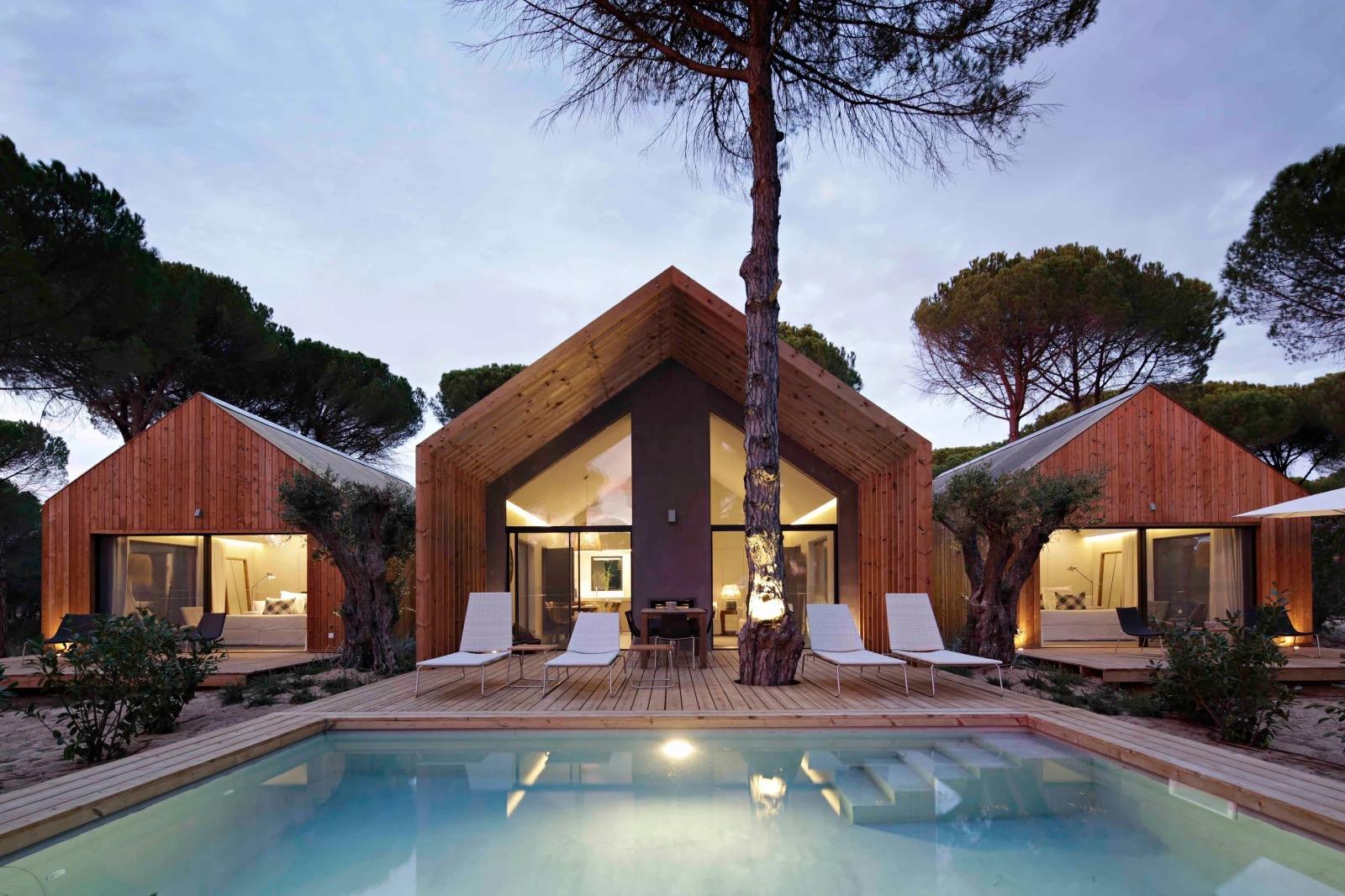 Three wood-clad cabins lit at dusk around a pool, with a tall pine tree rising through the deck between them.