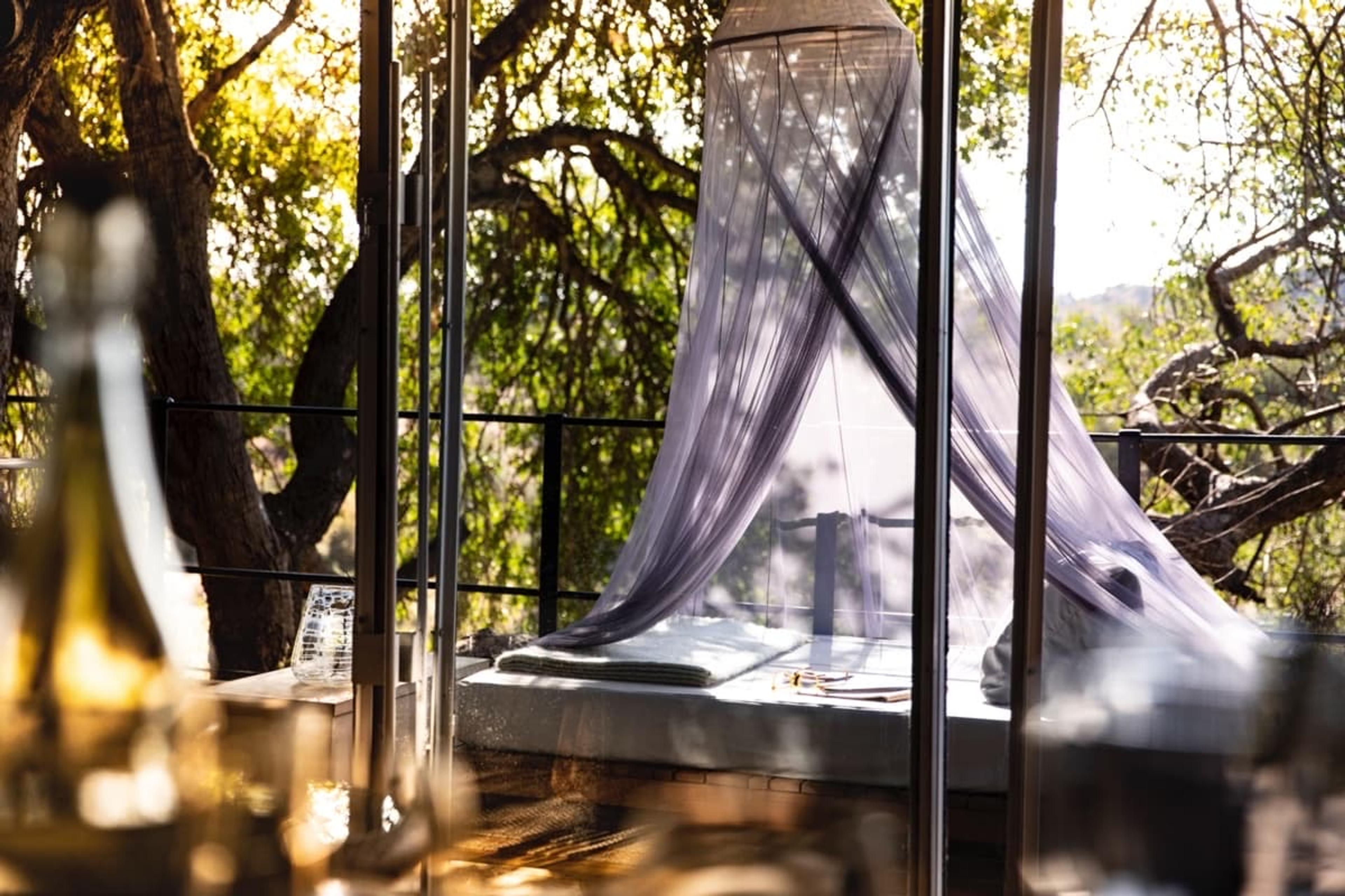 An outdoor daybed draped with a sheer canopy sits on a deck overlooking trees and a riverbank in late afternoon light.