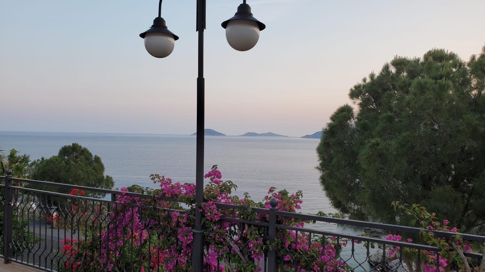 A pair of lamps on a wrought iron post framed by bougainvillea and pine branches, overlooking a calm sea with distant islands at dusk.