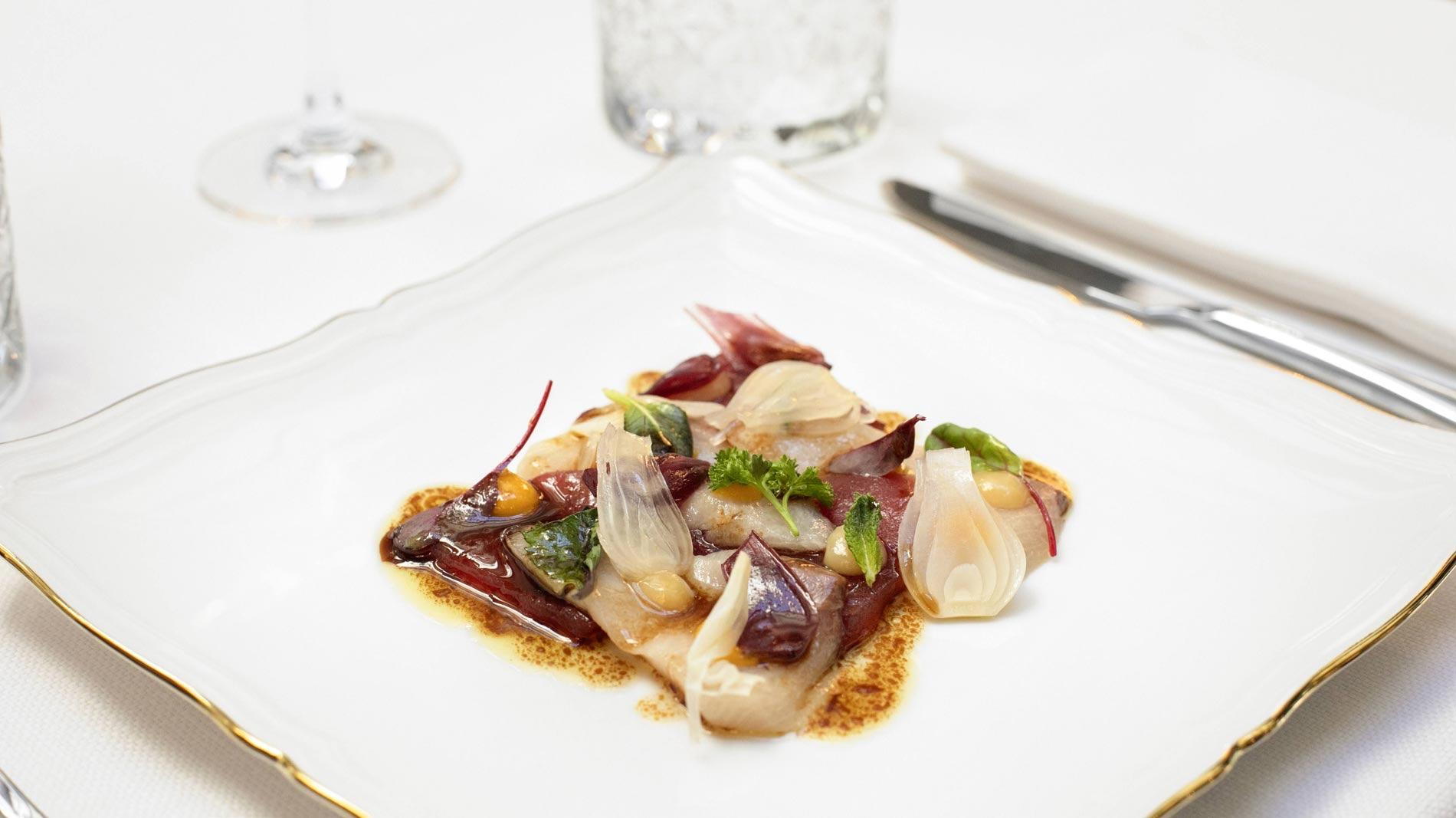a pale fish dish plated with pickled shallot, radicchio and herbs on a white, gold rimmed plate