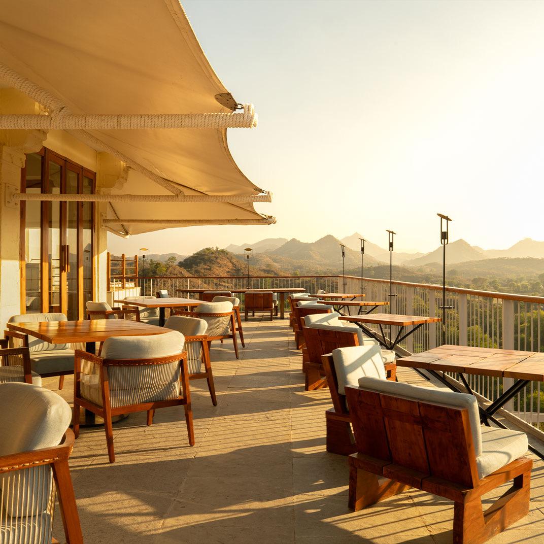 A dining terrace looking over the Aravalli hills