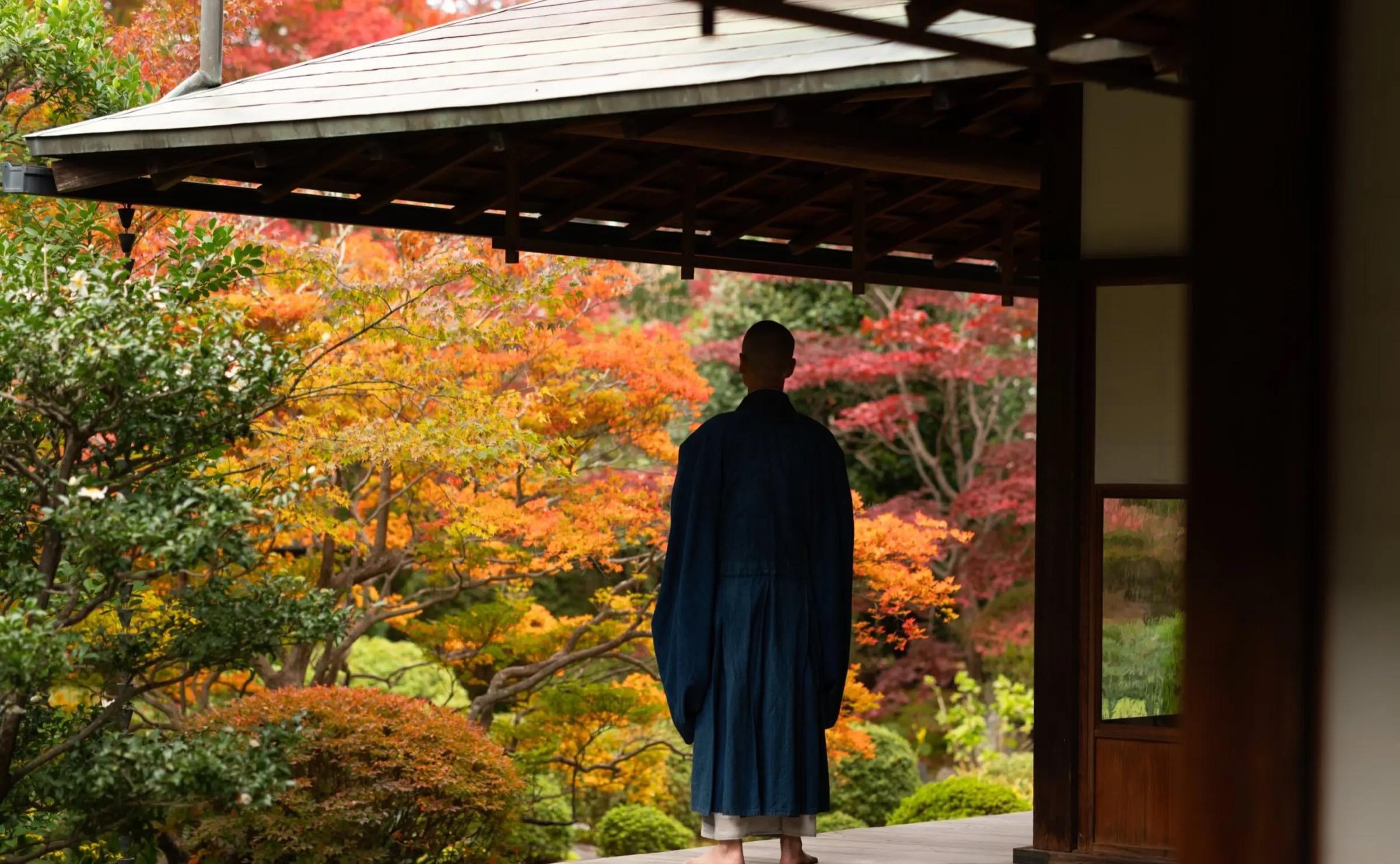 A figure in a dark robe stands on a covered veranda looking out at a garden of vivid red and orange maple trees.