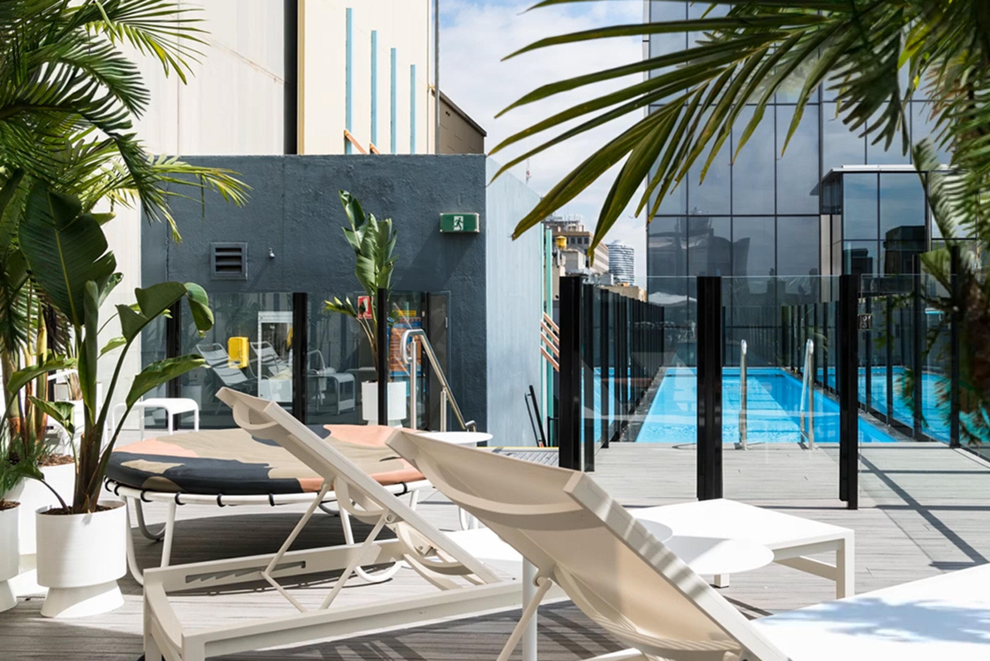 A rooftop terrace with cream sun loungers and potted palms beside a lap pool, enclosed by a glass balustrade with city buildings behind.