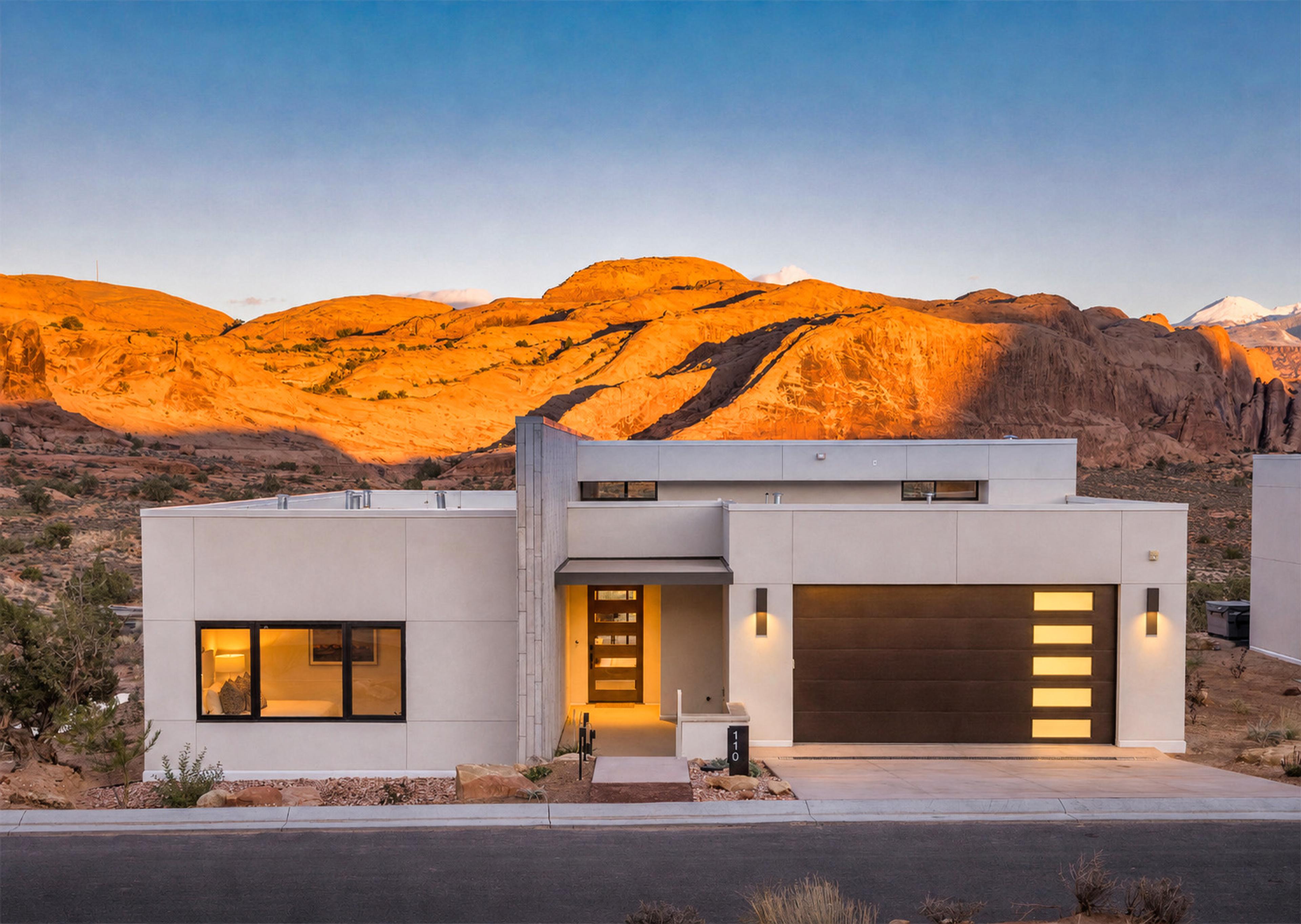 A single-story desert house with a wood and glass entrance and dark garage door, lit windows, in front of glowing orange cliffs at sunset.