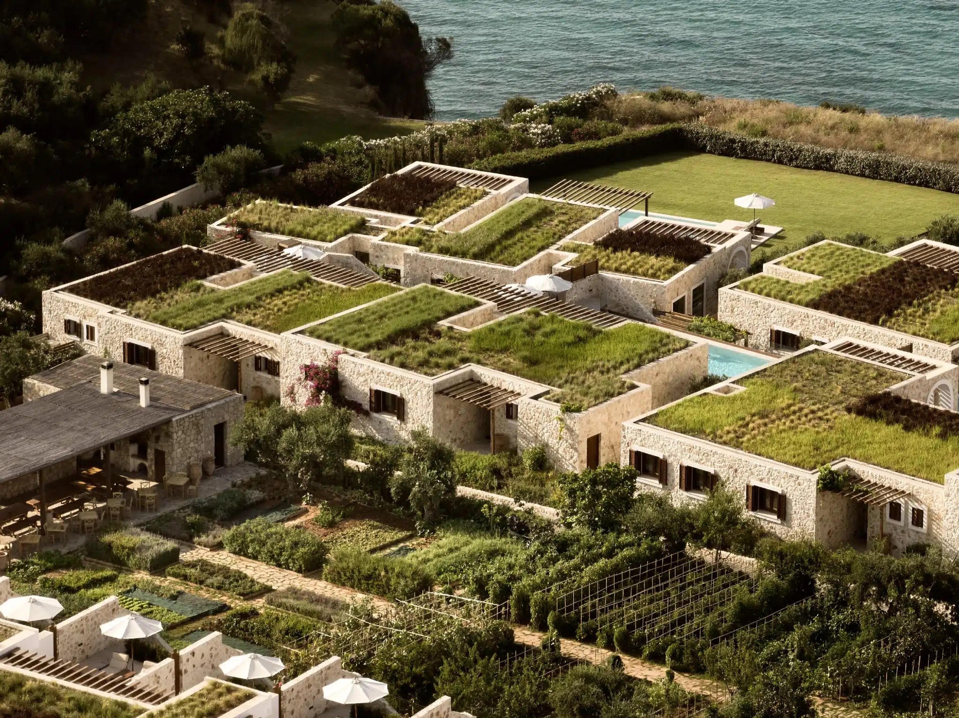 Aerial view of a cluster of stone villas with planted roofs and pools, set between olive groves and the sea.