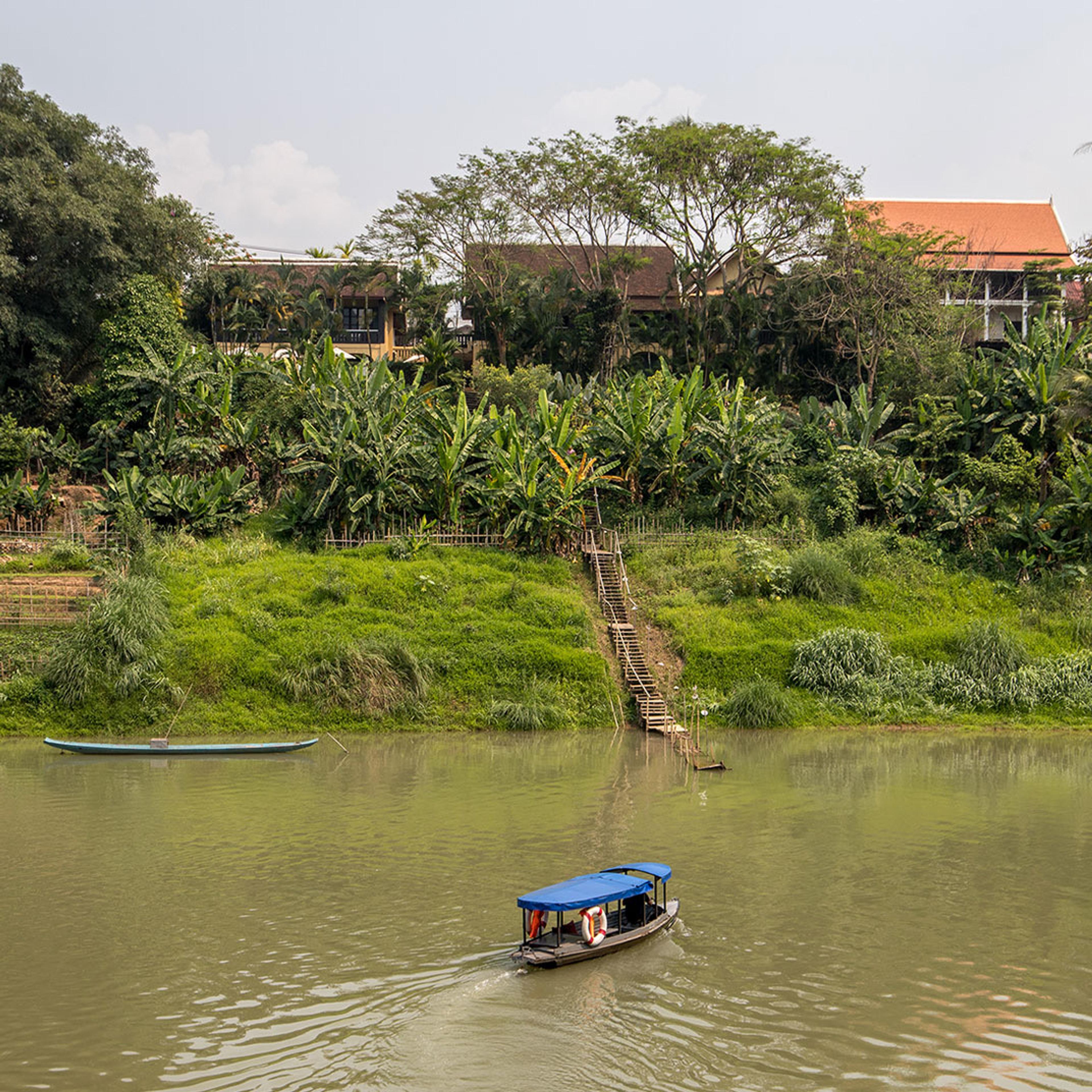 The river below a wooded bank, with a boat moored
