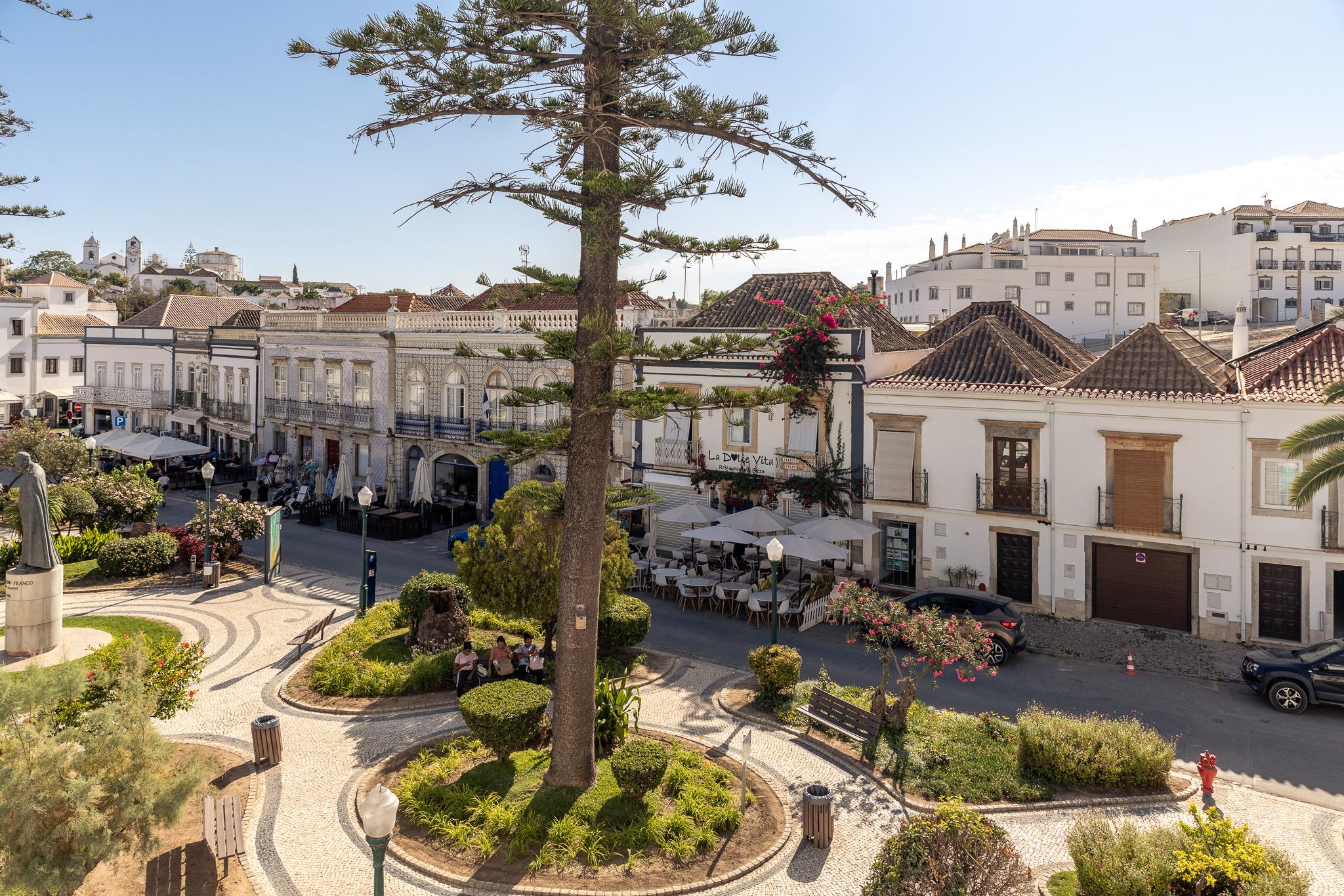 An elevated view over a town square with a large pine tree, cafe terraces under umbrellas, a statue, and whitewashed buildings with church towers beyond.