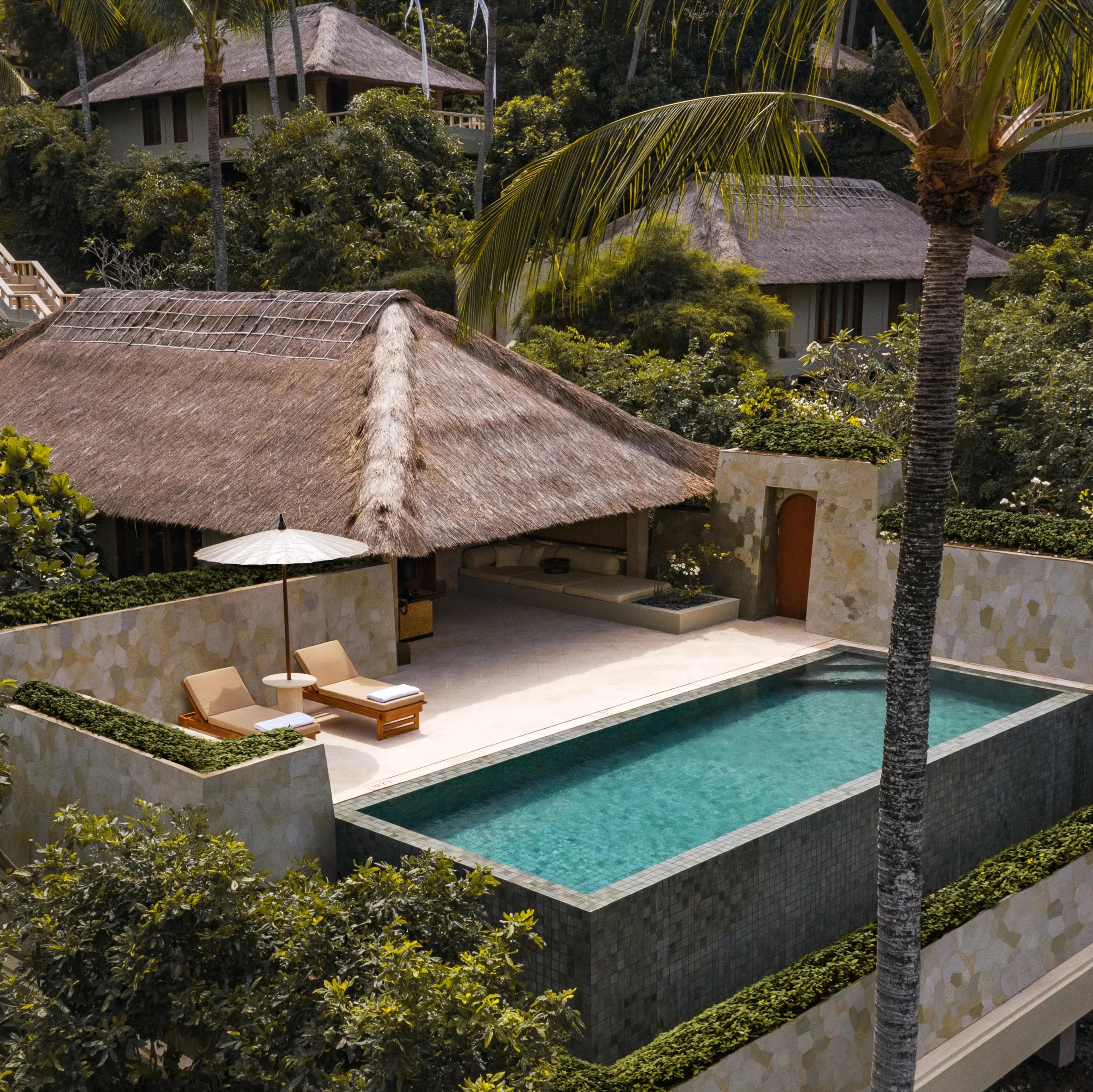 An aerial view of a thatched-roof villa with a private plunge pool, sun loungers and a parasol, surrounded by palm trees and jungle.