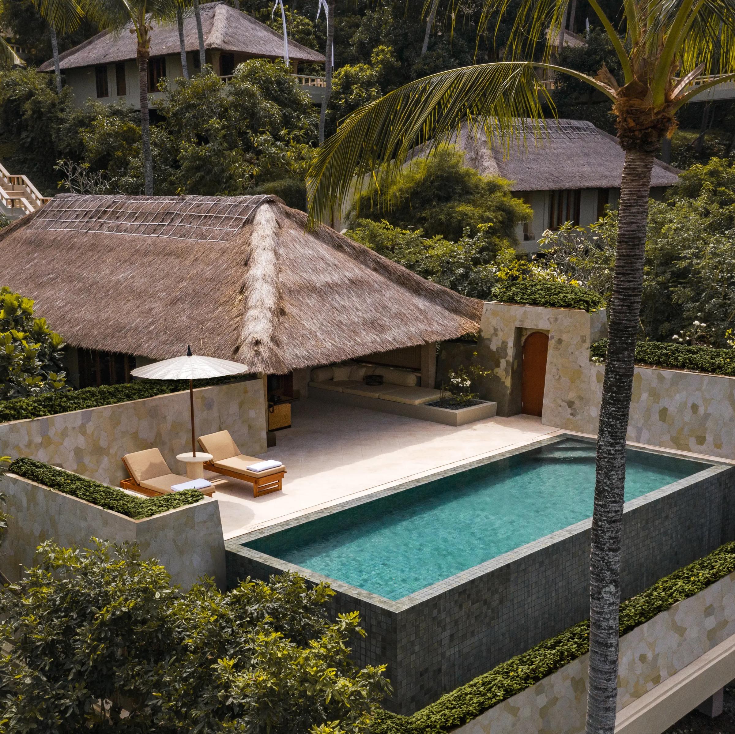 An aerial view of a thatched-roof villa with a private plunge pool, sun loungers and a parasol, surrounded by palm trees and jungle.