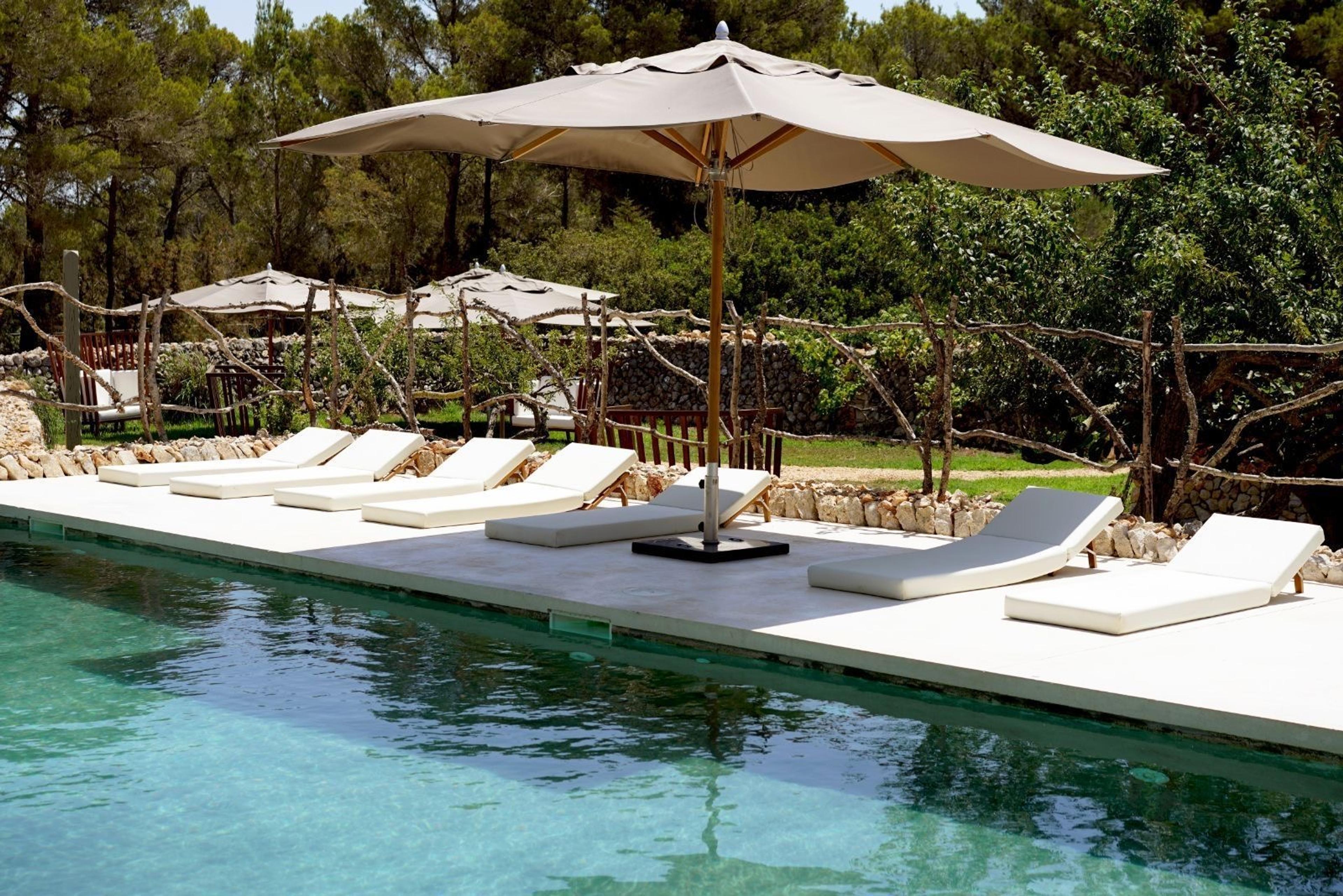 A row of white sun loungers and a shade umbrella along the edge of a swimming pool, with trees and a stone wall behind.