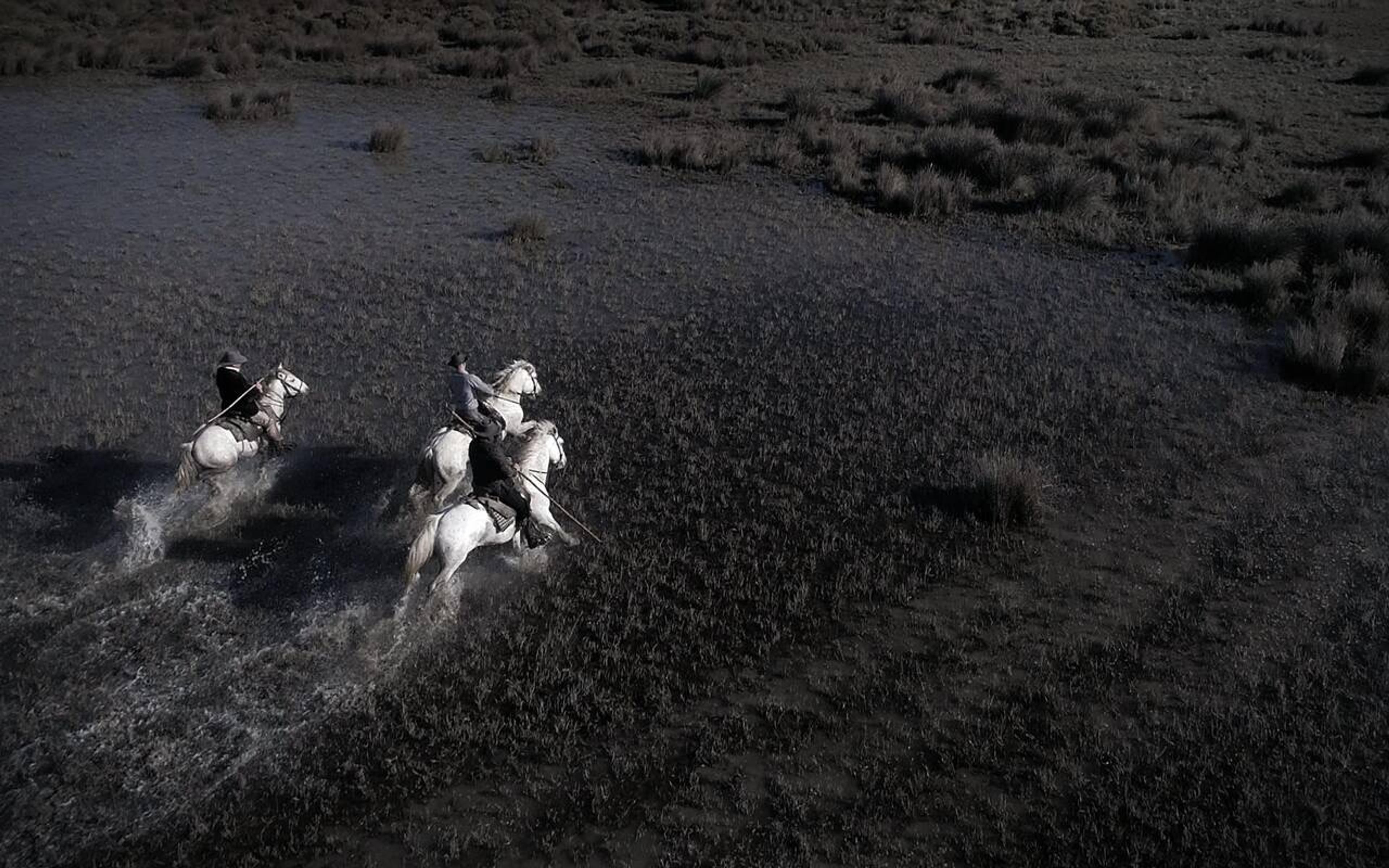 Two riders on white horses crossing marshland at dusk, water splashing beneath the horses' hooves, seen from above.