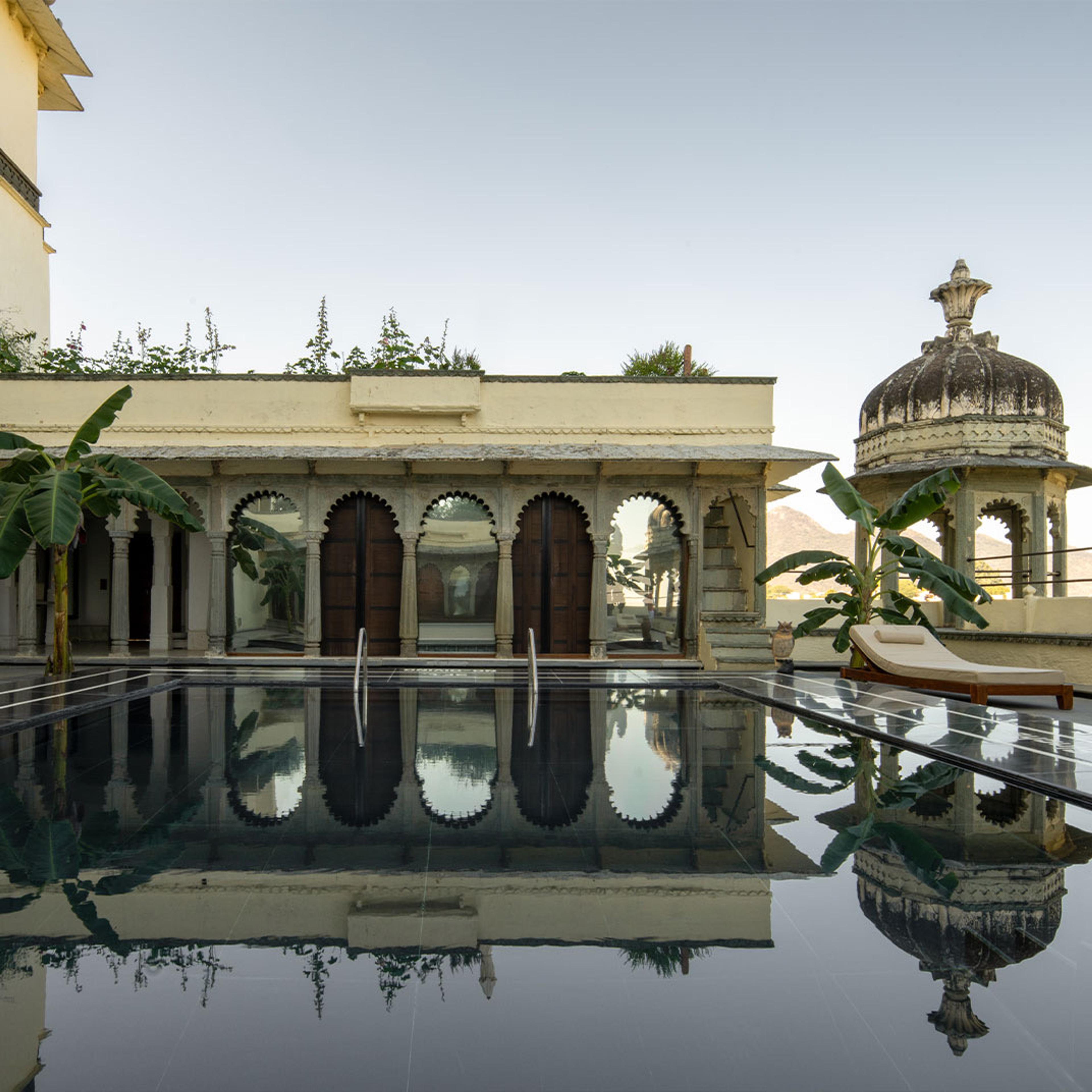 A reflecting pool beneath domed pavilions