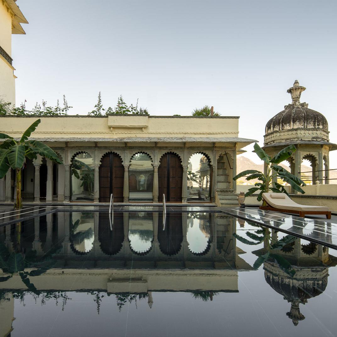A reflecting pool beneath domed pavilions