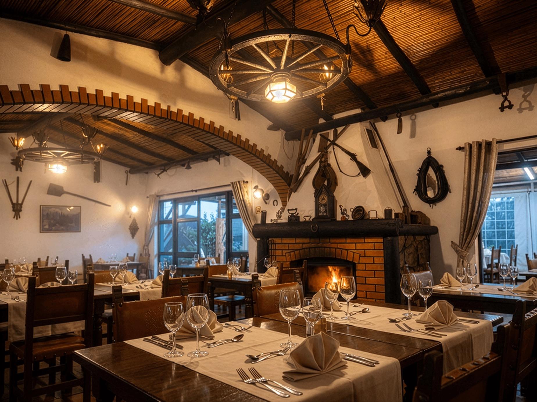 The dining room at Fonte da Pedra, with lanterns hanging over set tables