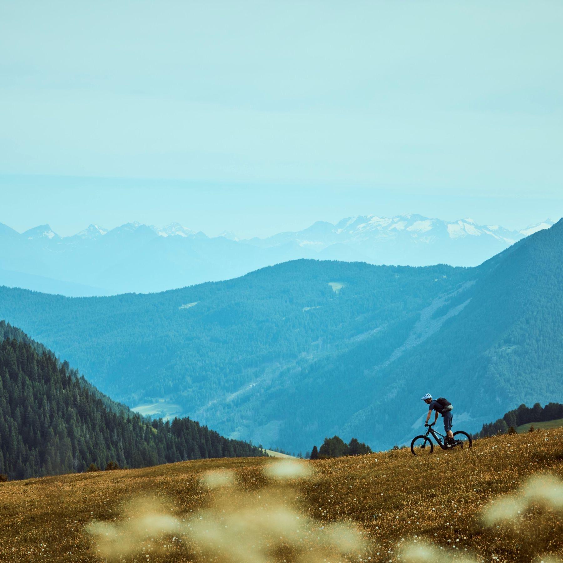 A cyclist rides along a grassy ridge with wildflowers blurred in the foreground and layered forested mountains stretching into the distance.