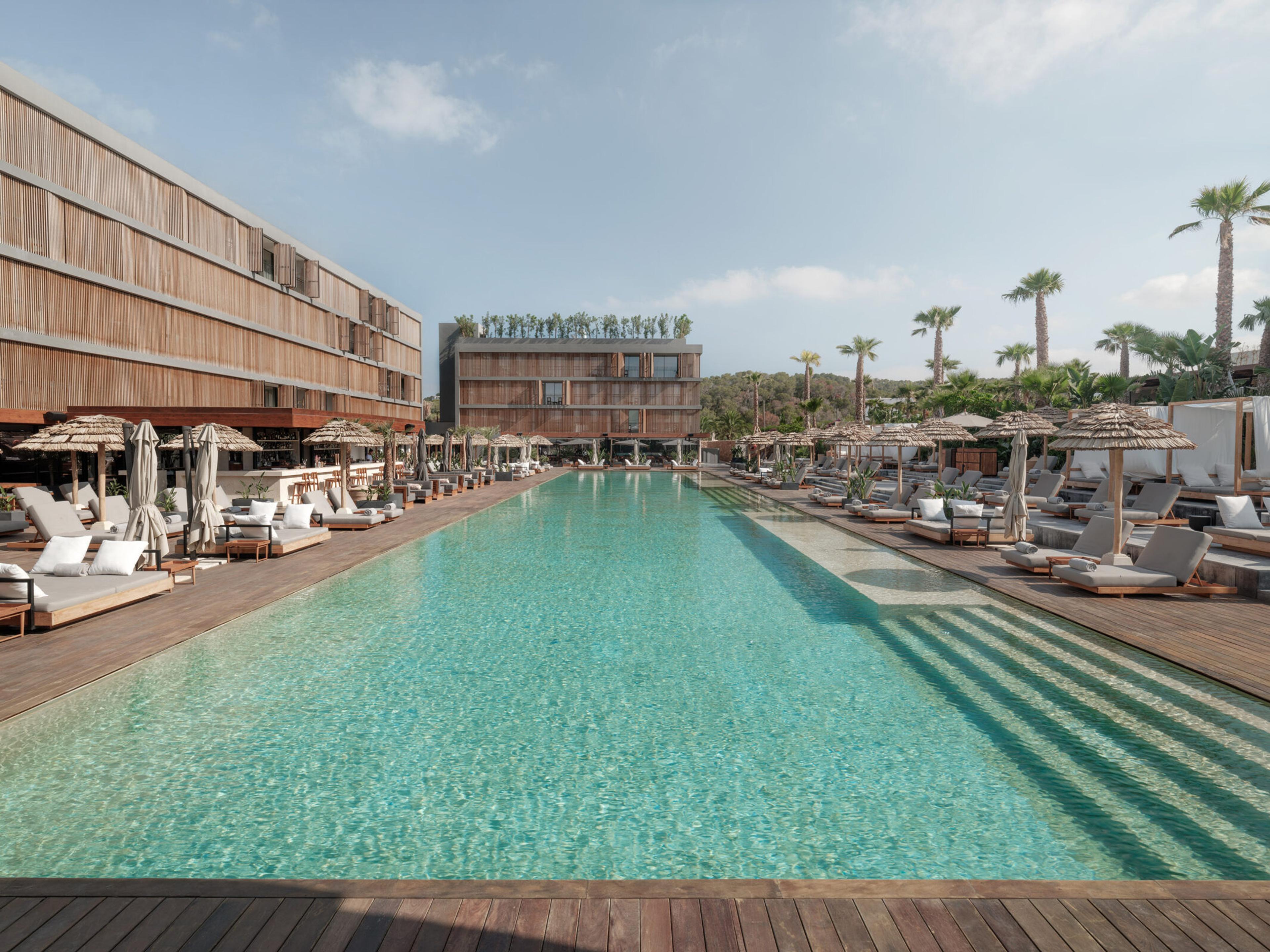 A long pool running towards a timber-slatted hotel building, with white loungers and thatched parasols on the decking, palms behind, and a pale blue sky.