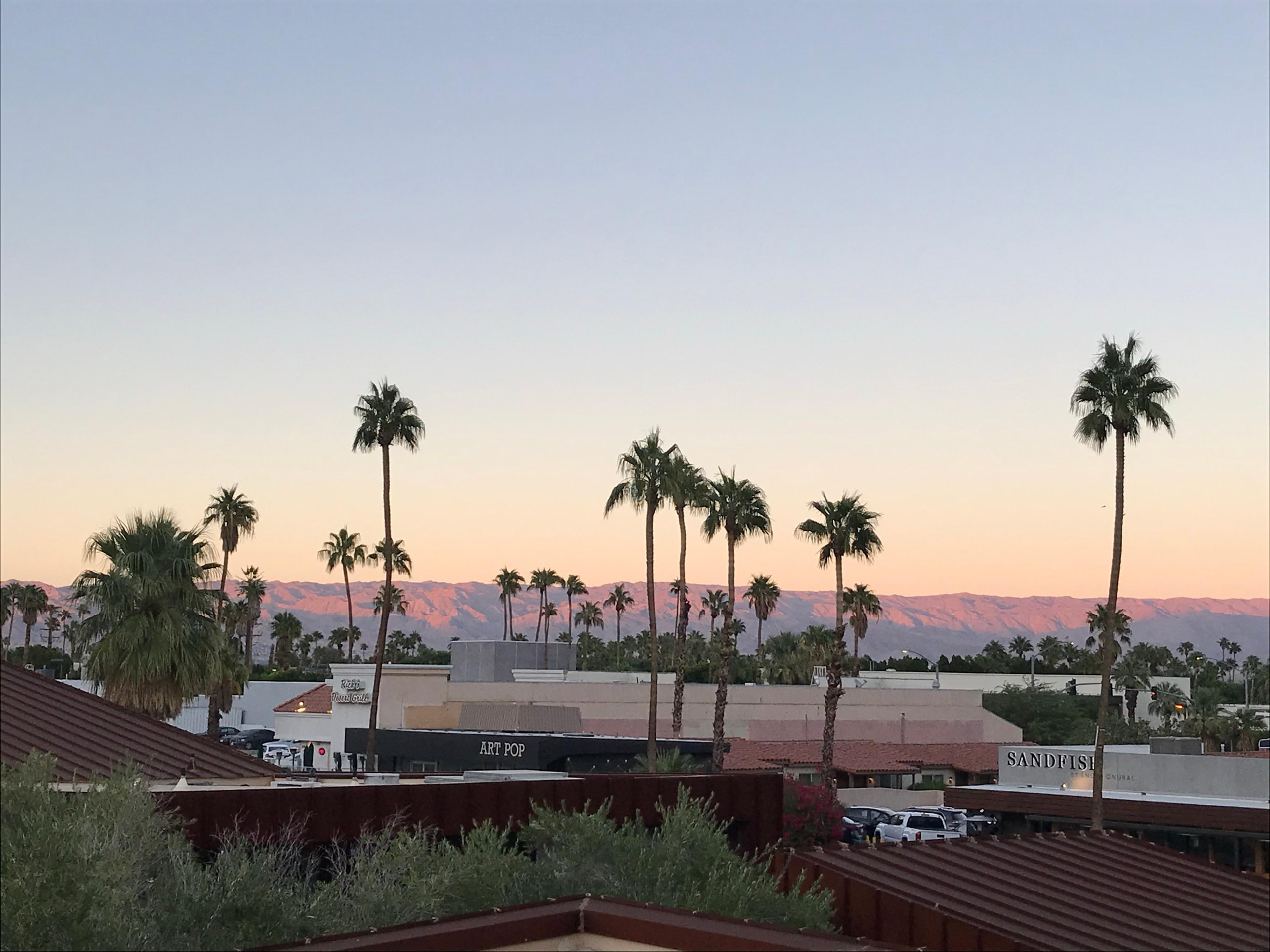 Palm trees against a pink dusk sky over Palm Springs, the mountains catching the last of the light behind