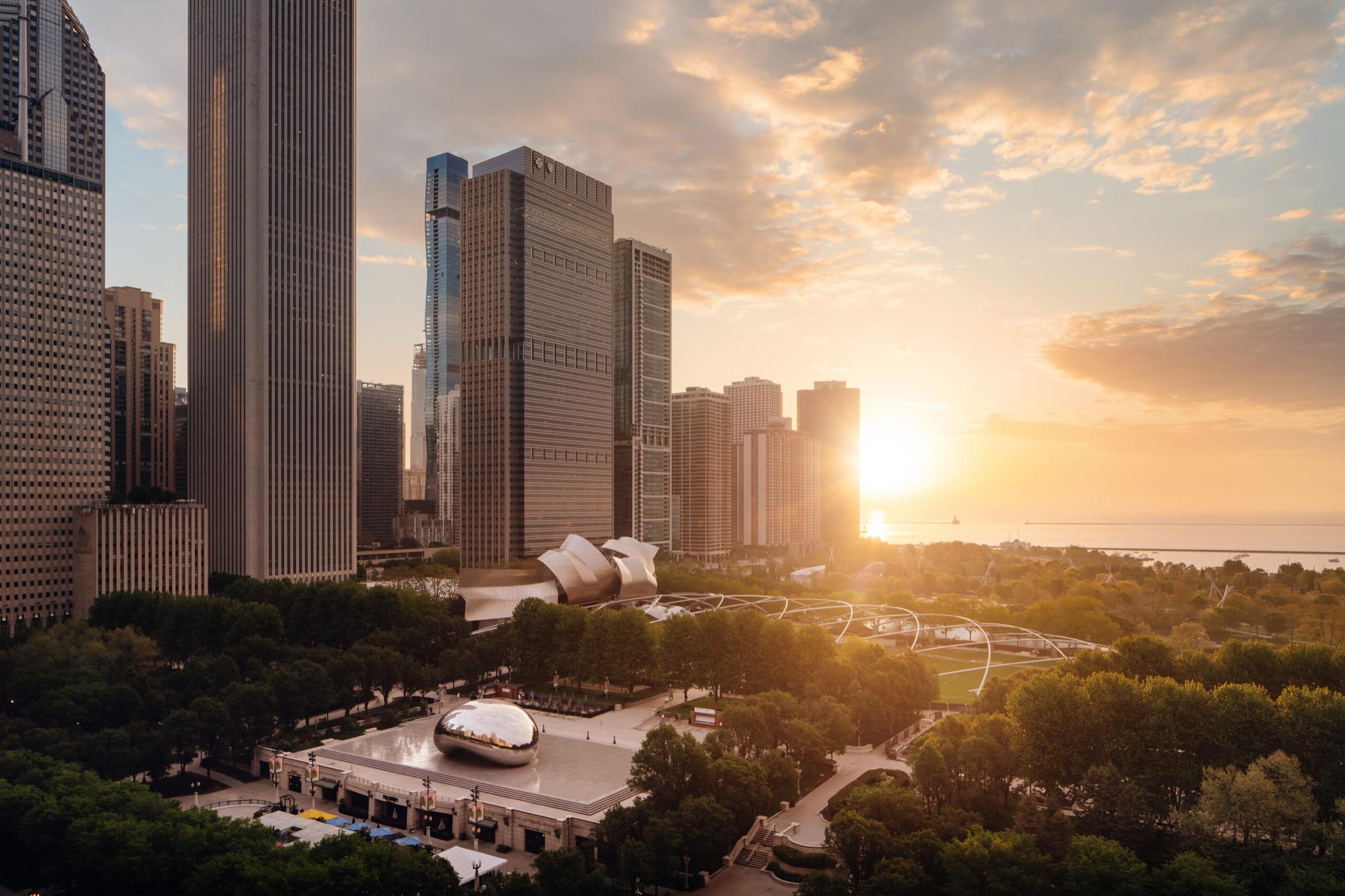 Millennium Park and the Chicago skyline at sunset, seen from above