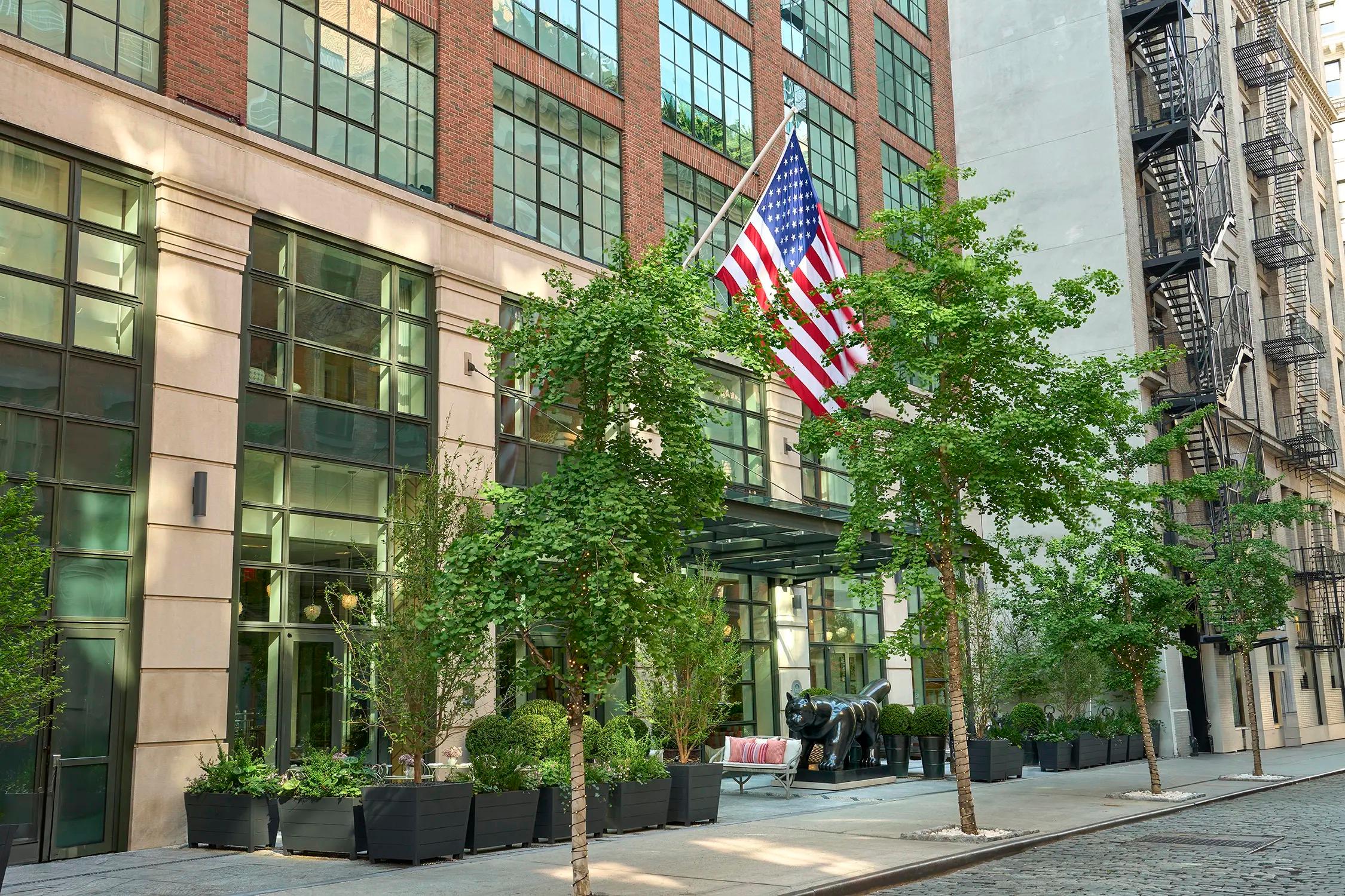 The hotel's brick and stone facade on a tree-lined street, with an American flag above the glass entrance and a dark sculpture of a crouching animal beside a bench.