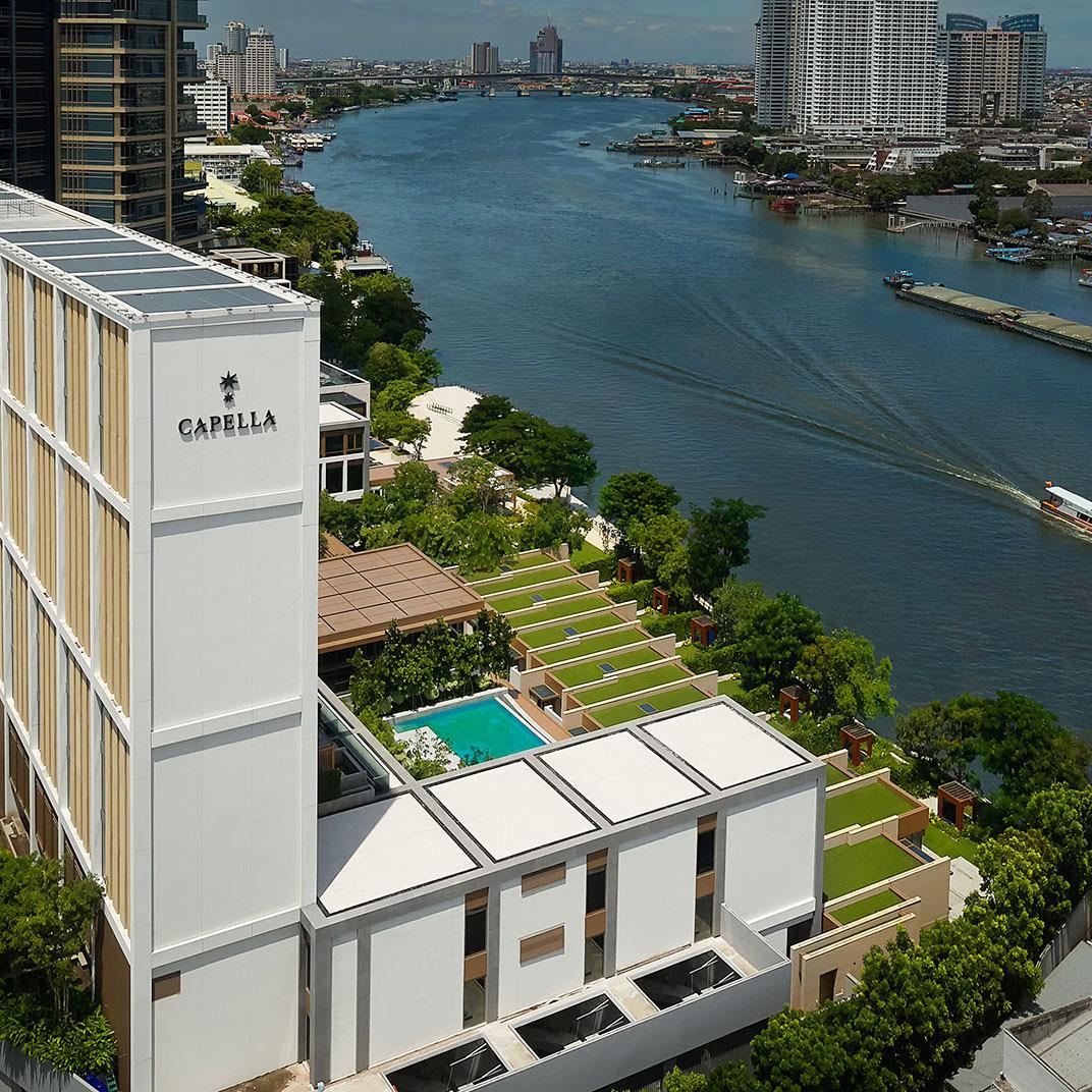 The hotel from above on the bank of the Chao Phraya