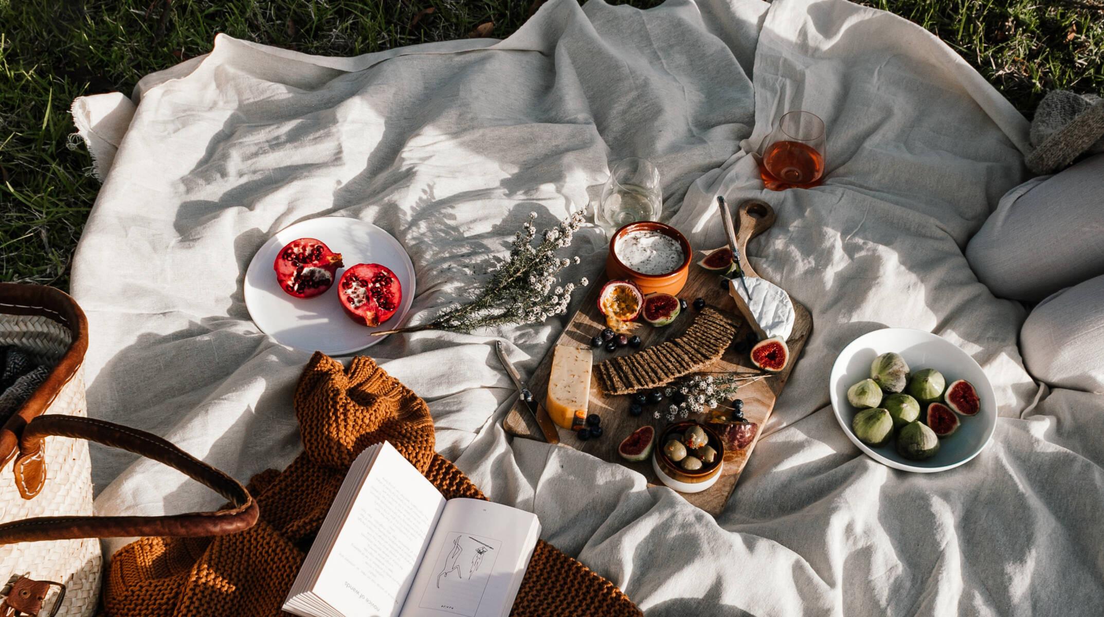 A cheese and fruit platter, a bowl of figs, a halved pomegranate, wine glasses and an open book laid on a blanket on grass.