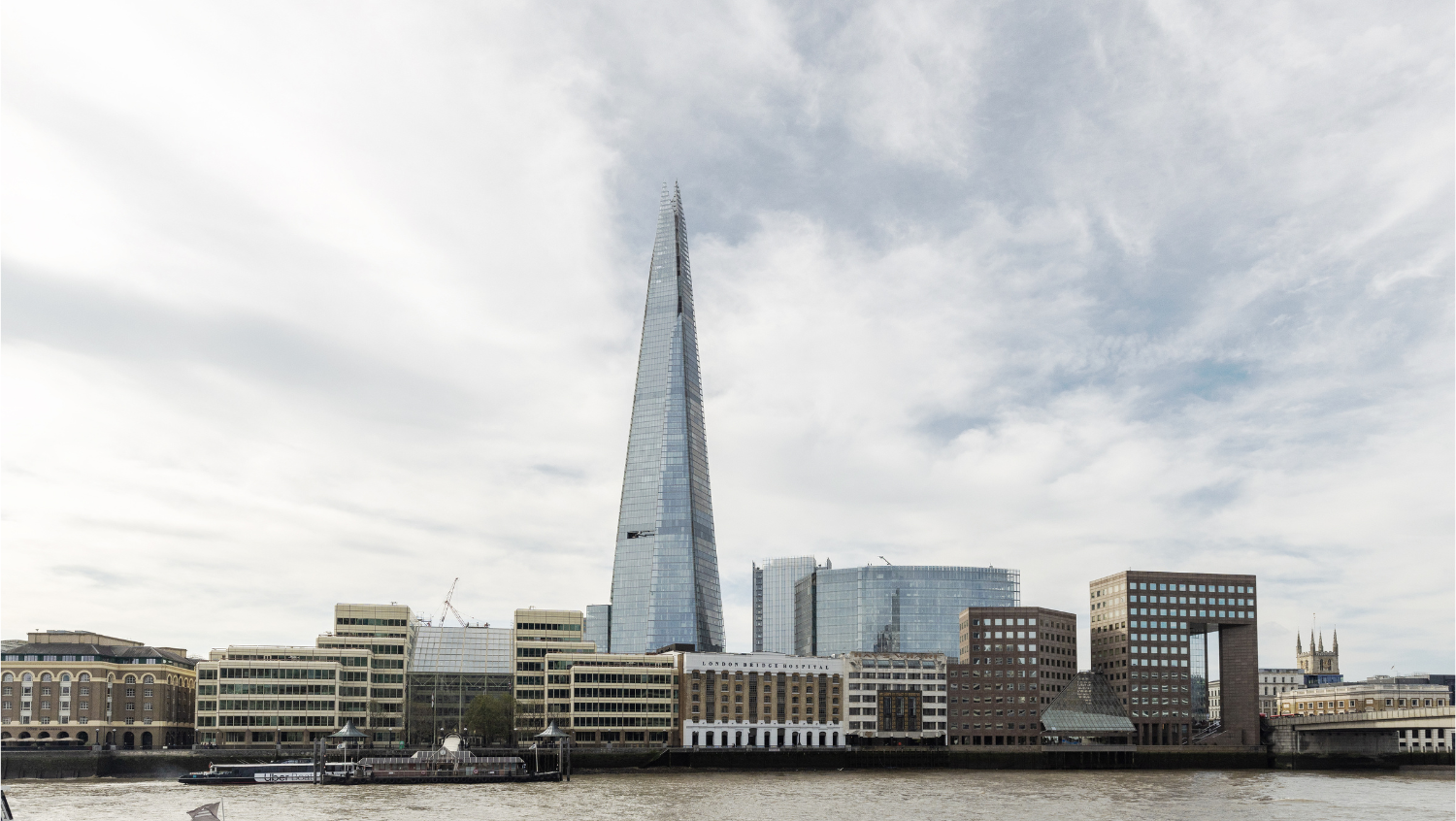 Panorama of London skyscape featuring Shard and Shard place from across the river Thames