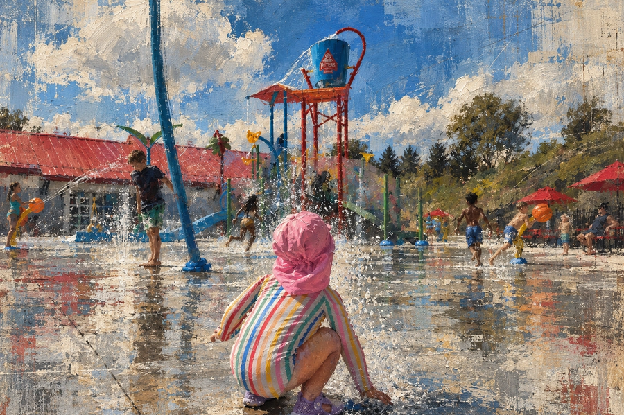 A child in a pink sun hat crouches on the wet concrete of the Peters Township Aqua Park as the tipping bucket dumps water.