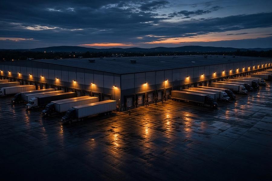 A modern distribution warehouse at dusk, with loading docks and tractor-trailers under amber industrial lights.