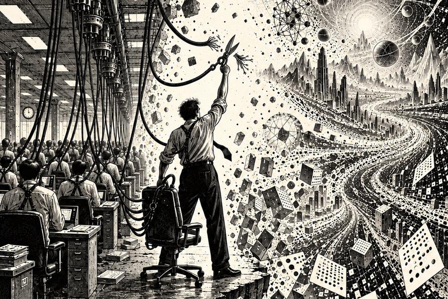 A man in an office cuts the cables tethering him to a row of desks, opening onto a cosmic landscape of data.