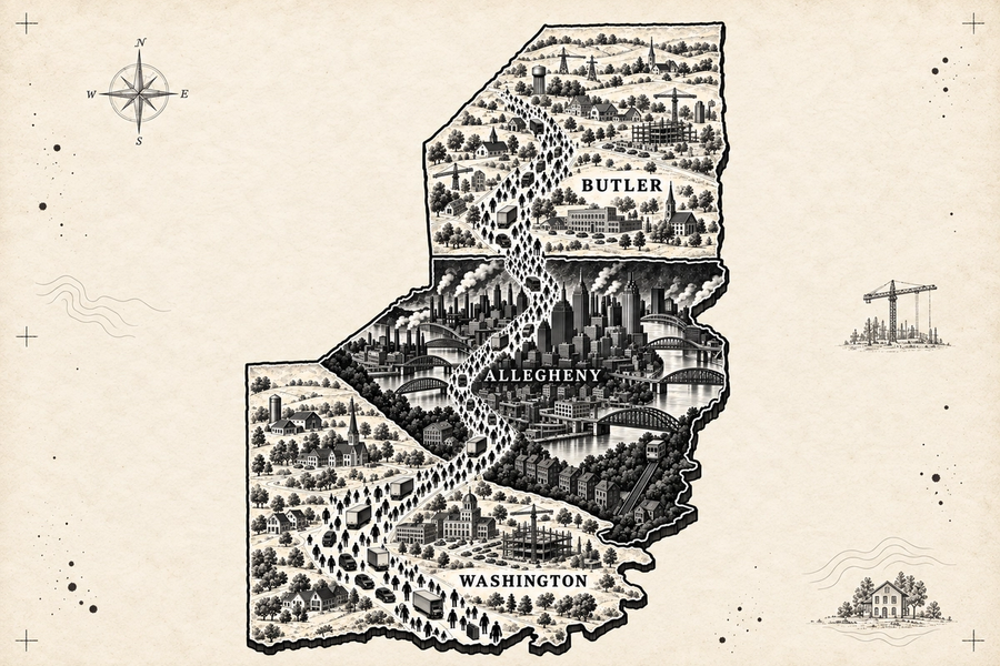 Ink map of Butler, Allegheny, and Washington counties, with a path of figures walking south from farms through the city toward Washington.
