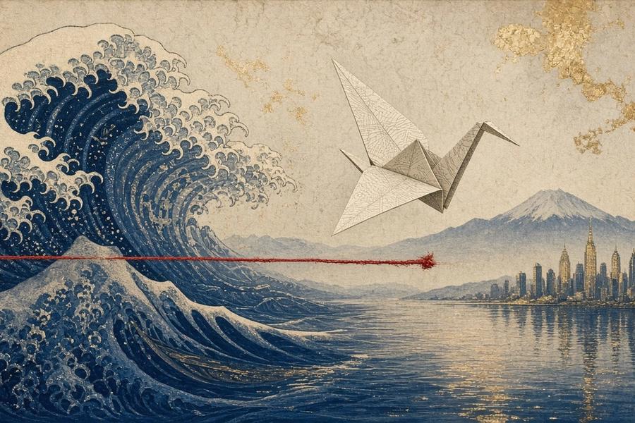 A crimson thread stretches across an indigo sea between Mount Fuji and a distant skyline, a paper crane in flight.