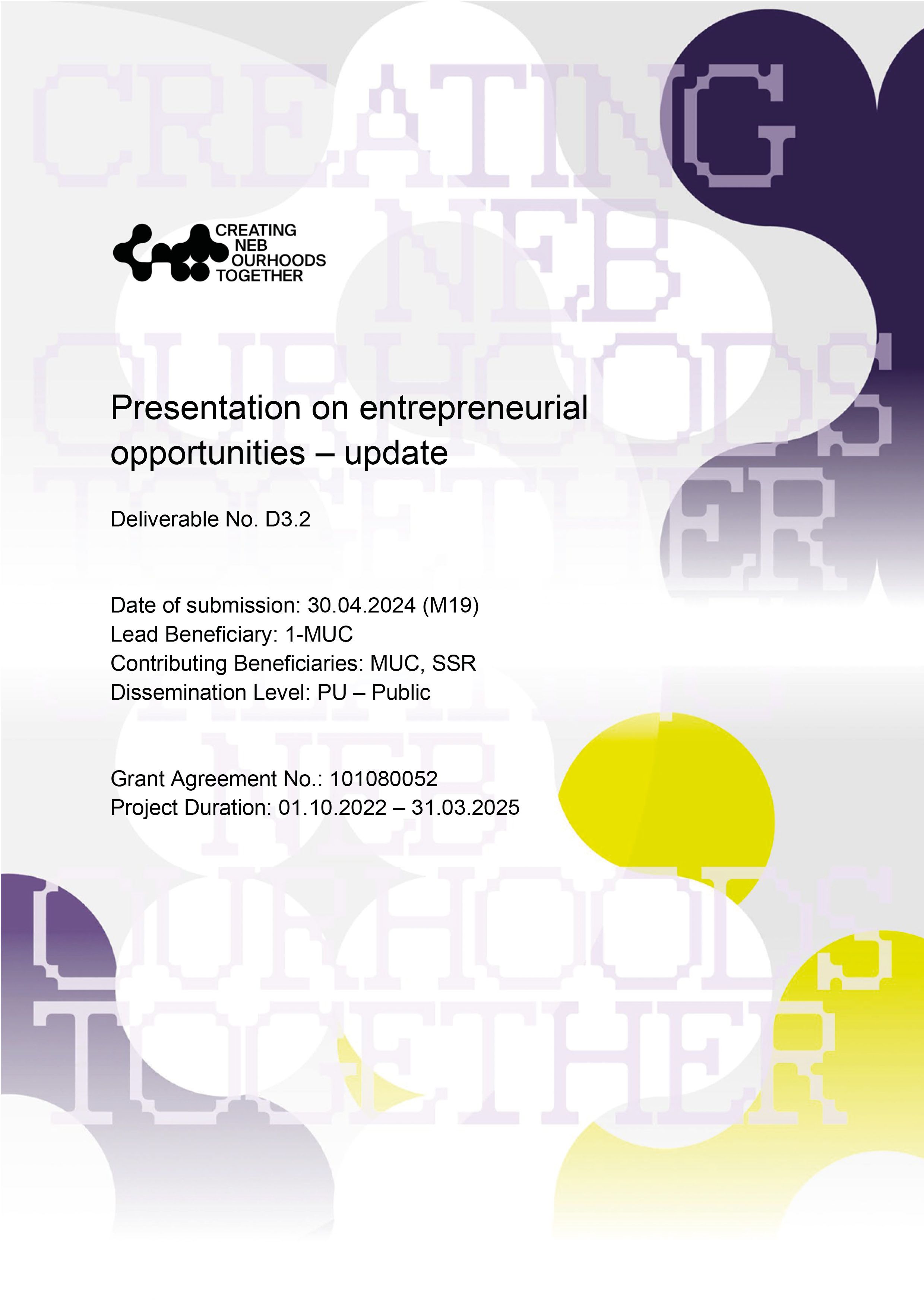 Update – Entrepreneurial Opportunities Update: A Testbed for Start-ups contributing to the NEB