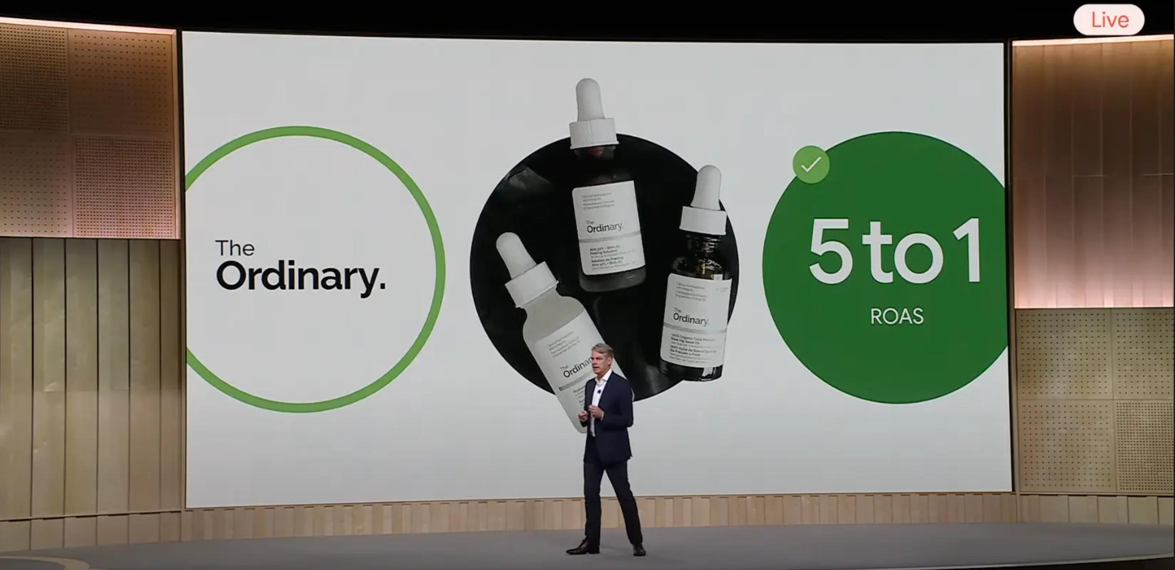 Image shows brand logo and products for The Ordinary with a statistic for 5 to 1 ROAS 
