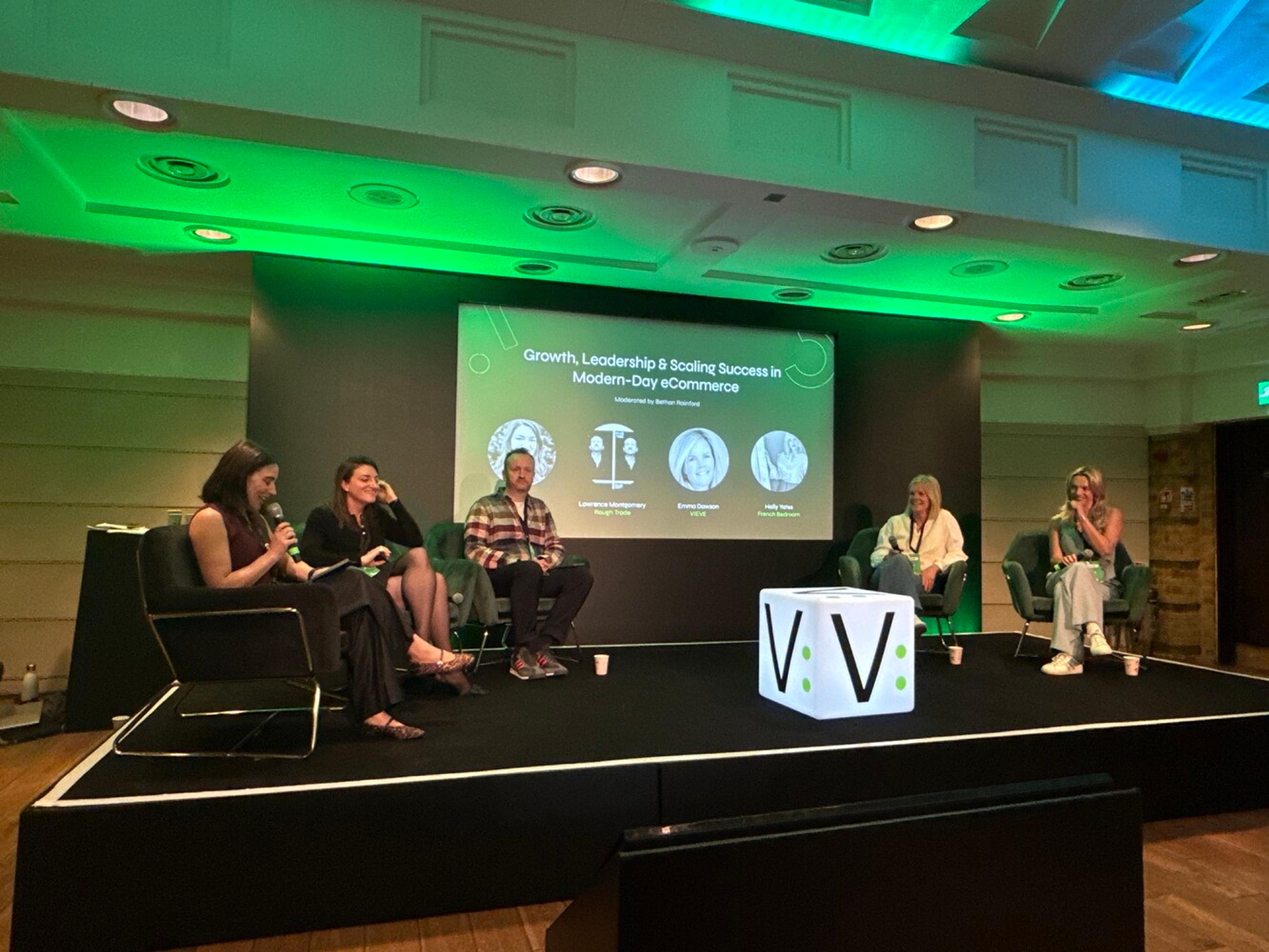 Bethan Rainford from Vervaunt on stage with leaders from TALA, Rough Trade, VIEVE & French Bedroom