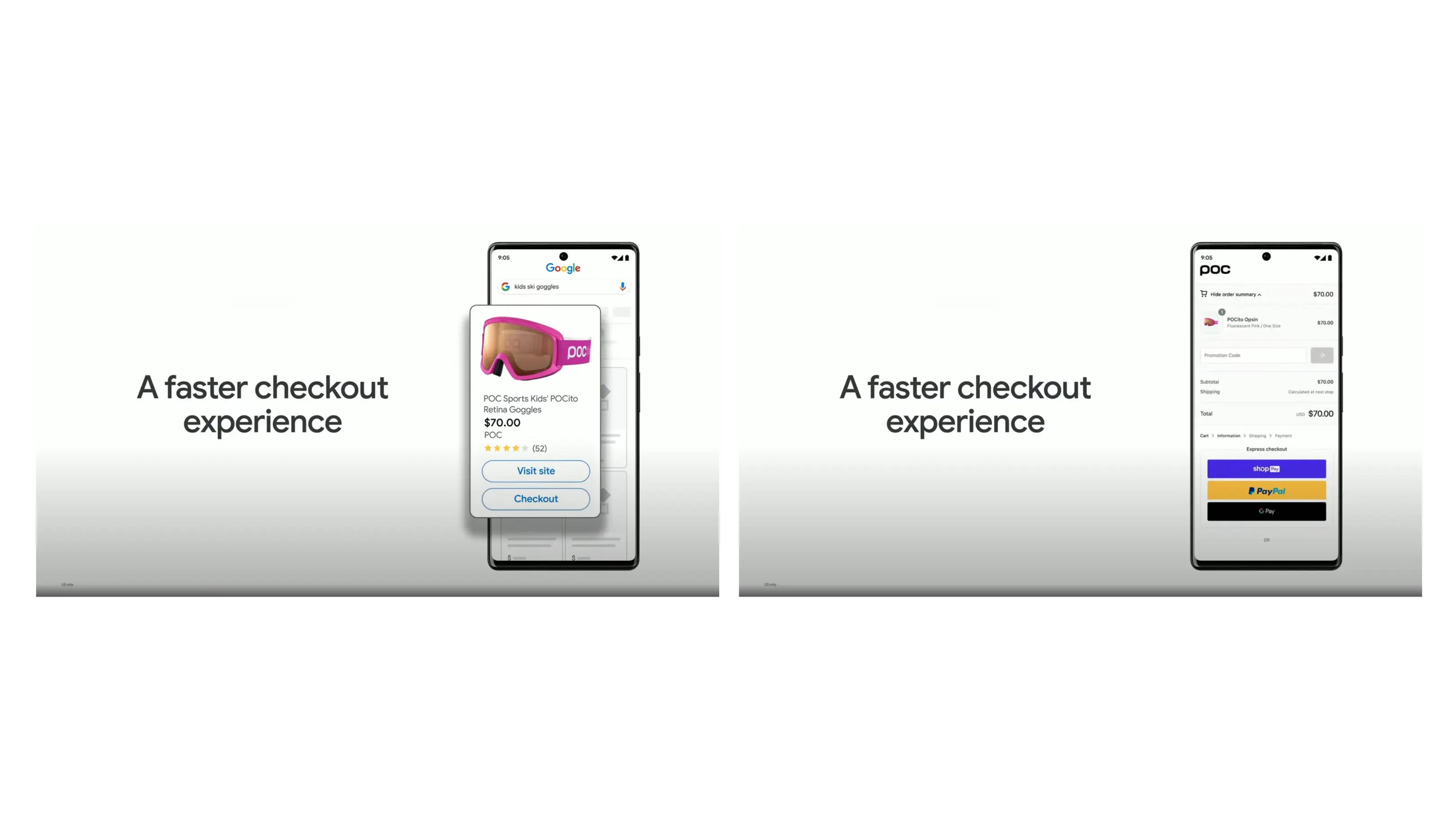 Mobile phone screens showing the search query "kids ski goggles". The first screen shows a shopping ad with a checkout button and the second screen shows the product from the ad in a Shopify checkout.