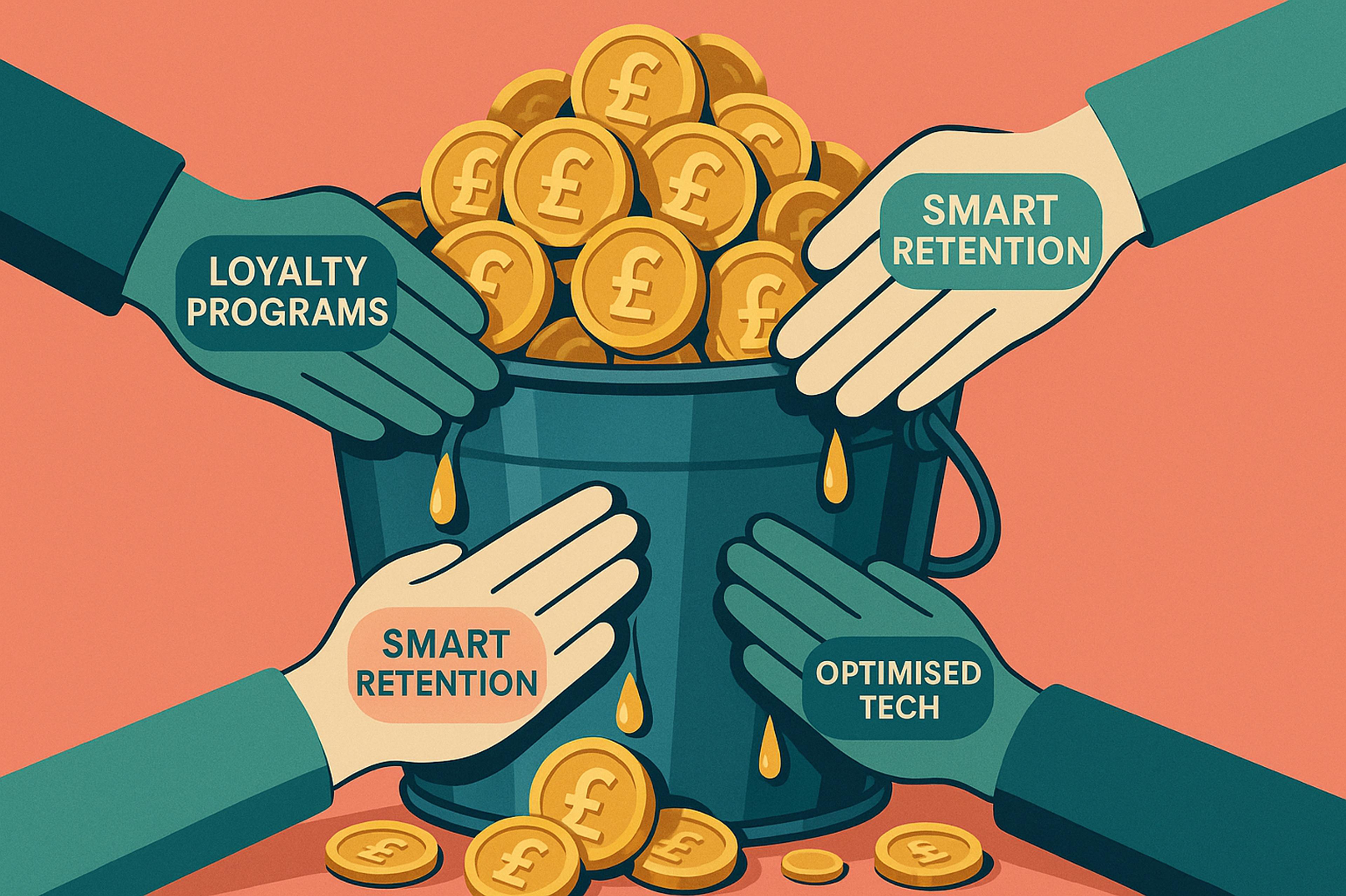 A leaking bucket overflowing with coins, with several hands (labelled 'Loyalty Programs', 'Smart Retention', 'Optimised Tech') plugging the holes.