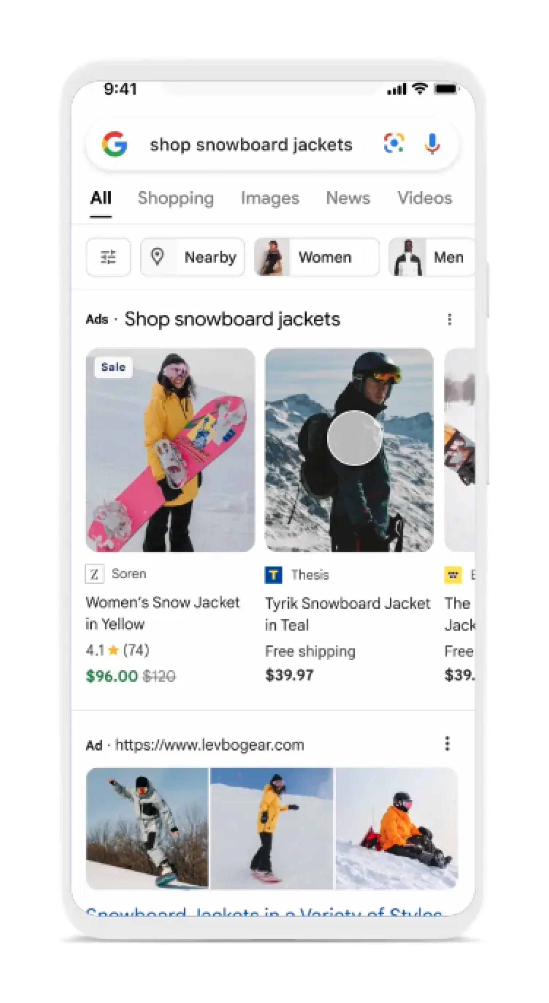 A mobile phone screen showing Google’s new visual search results for the search query “shop snowboard jackets“