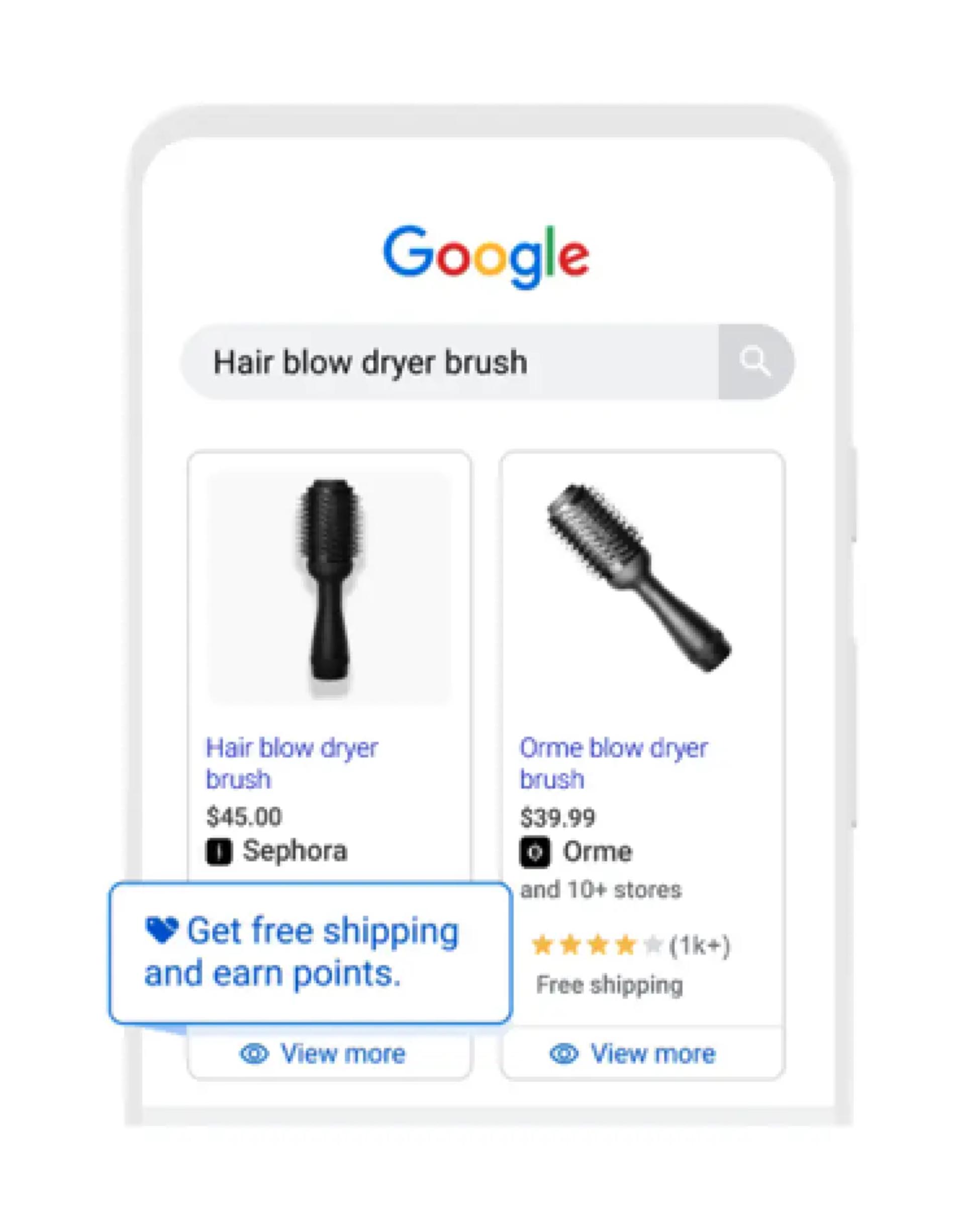 A mobile phone screen showing the search query “hair blow dryer brush.” One of the results shows a tag that says “Get free shipping and earn points.”