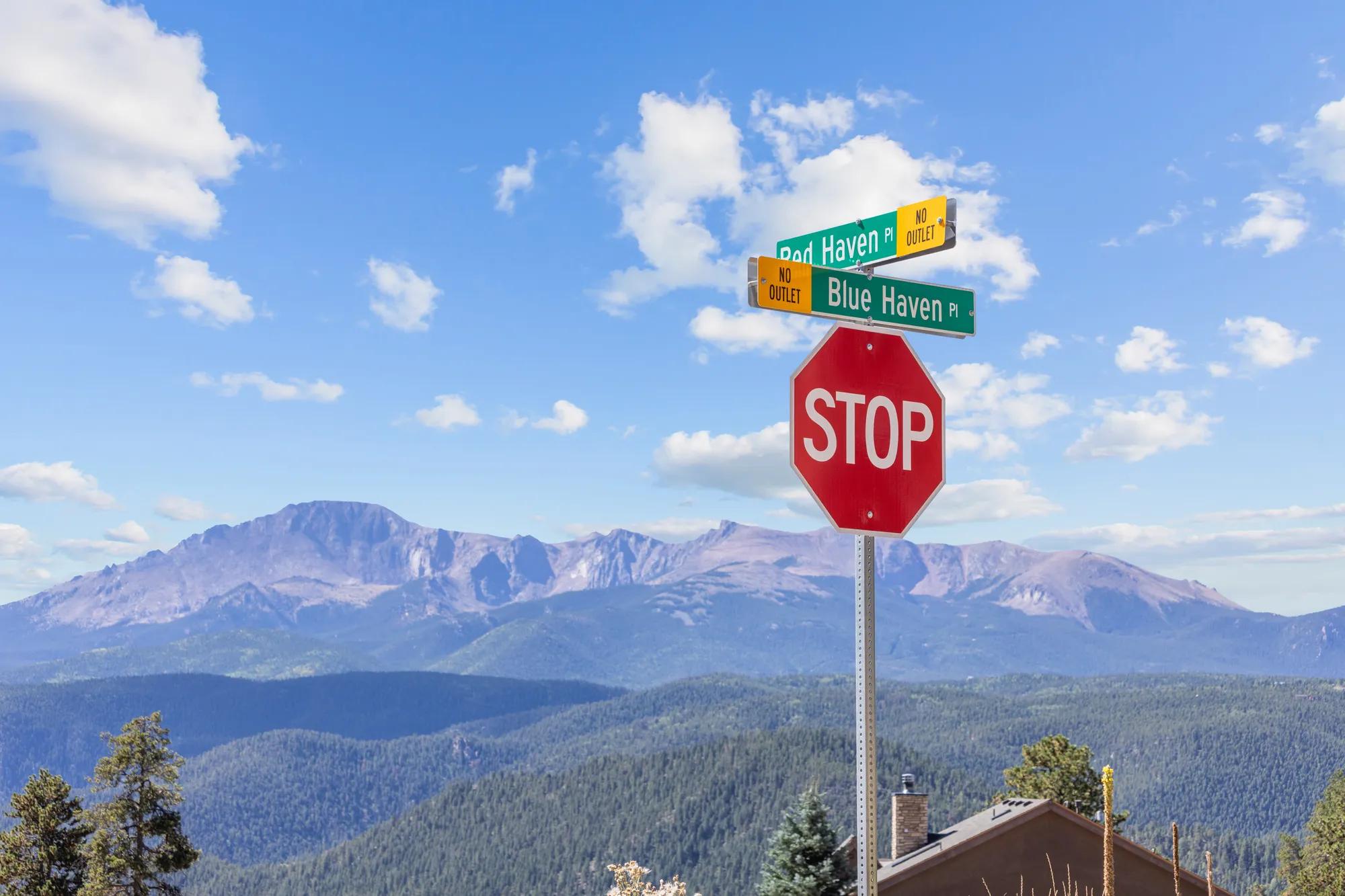 Street signs at the entrance to The Haven at Paradise Estates in Woodland Park