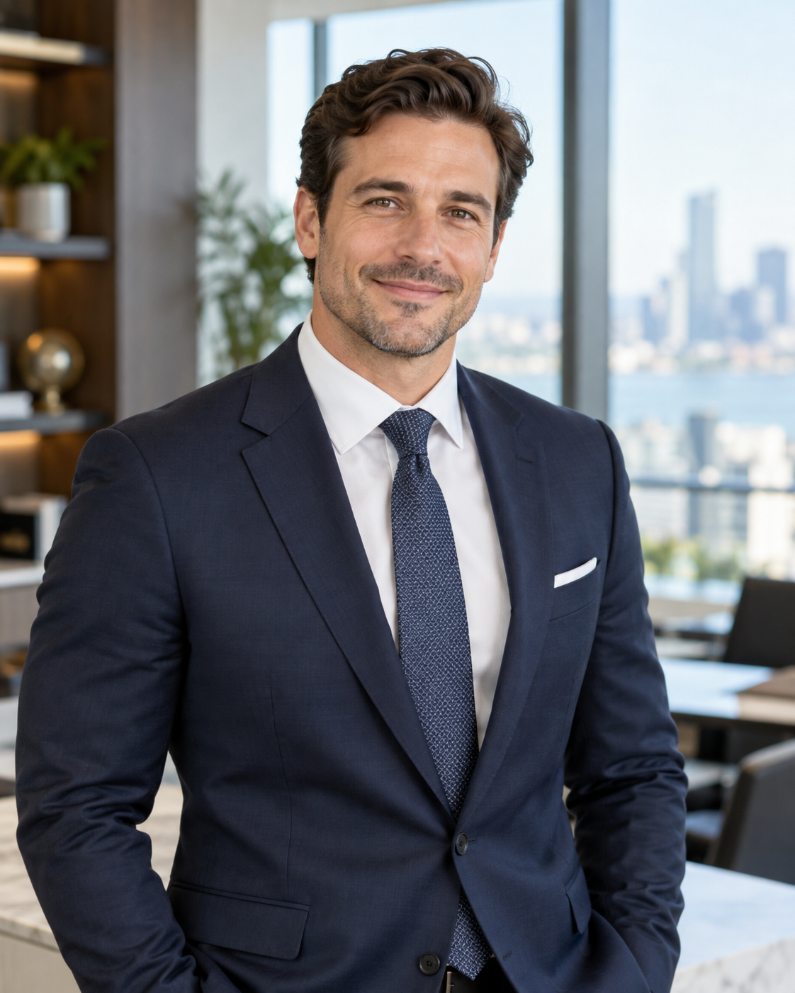 David Carter, smiling, in a navy suit in a bright office overlooking the city skyline