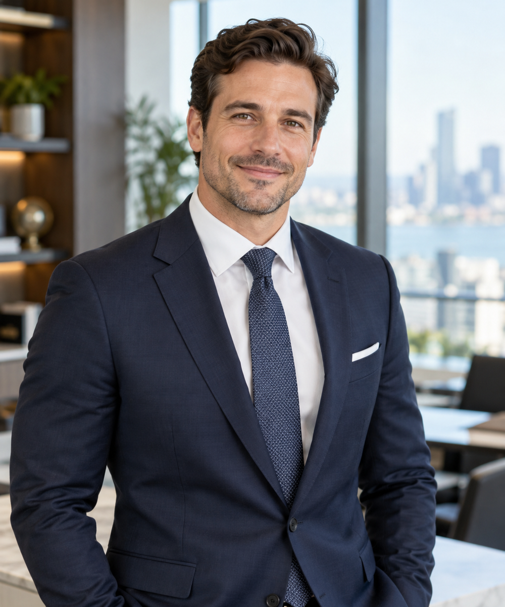 David Carter, smiling, in a navy suit in a bright office overlooking the city skyline