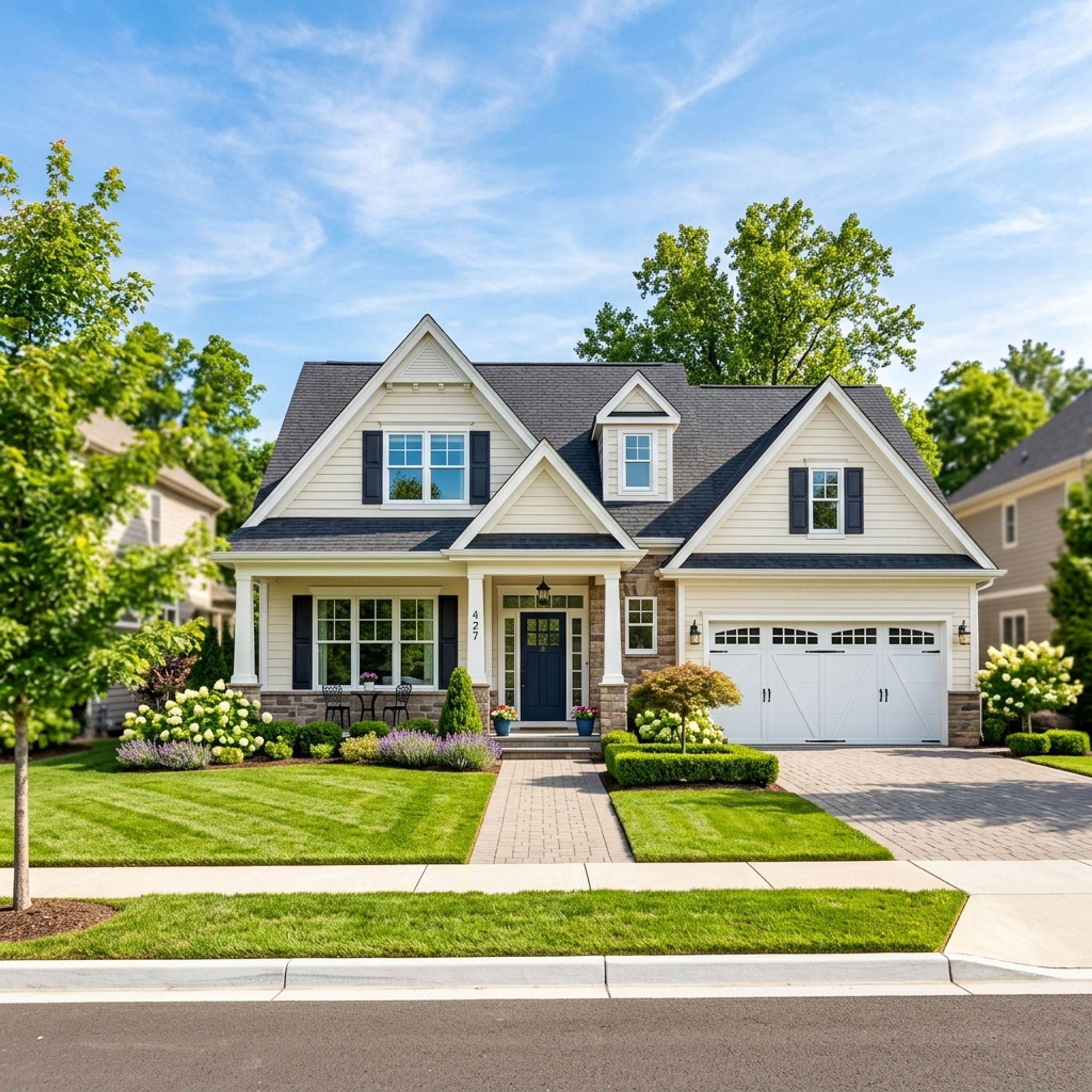A beautiful, bright suburban single family house exterior on a sunny day.