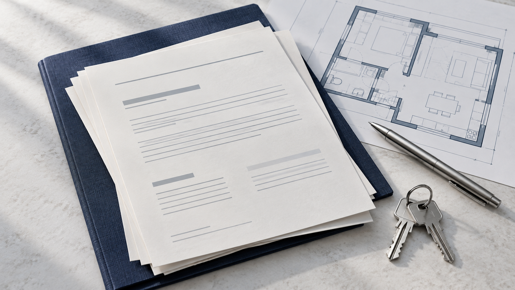 Documentos imobiliários sobre uma pasta azul, ao lado de uma planta de apartamento, caneta e chaves.