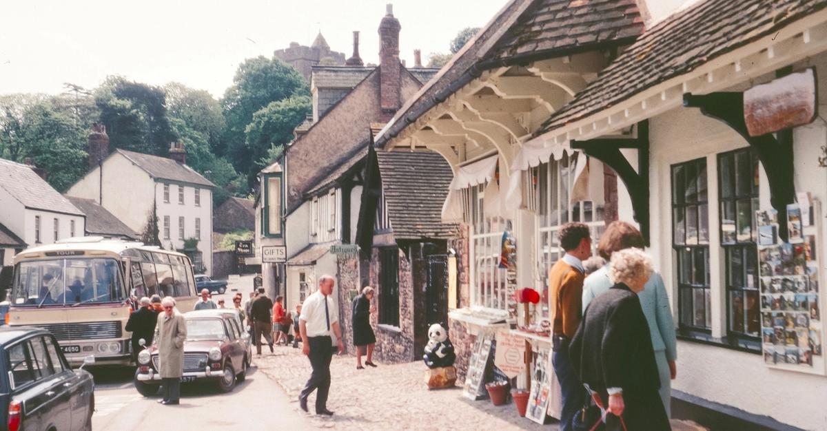 Foot traffic outside a local business area in the past.