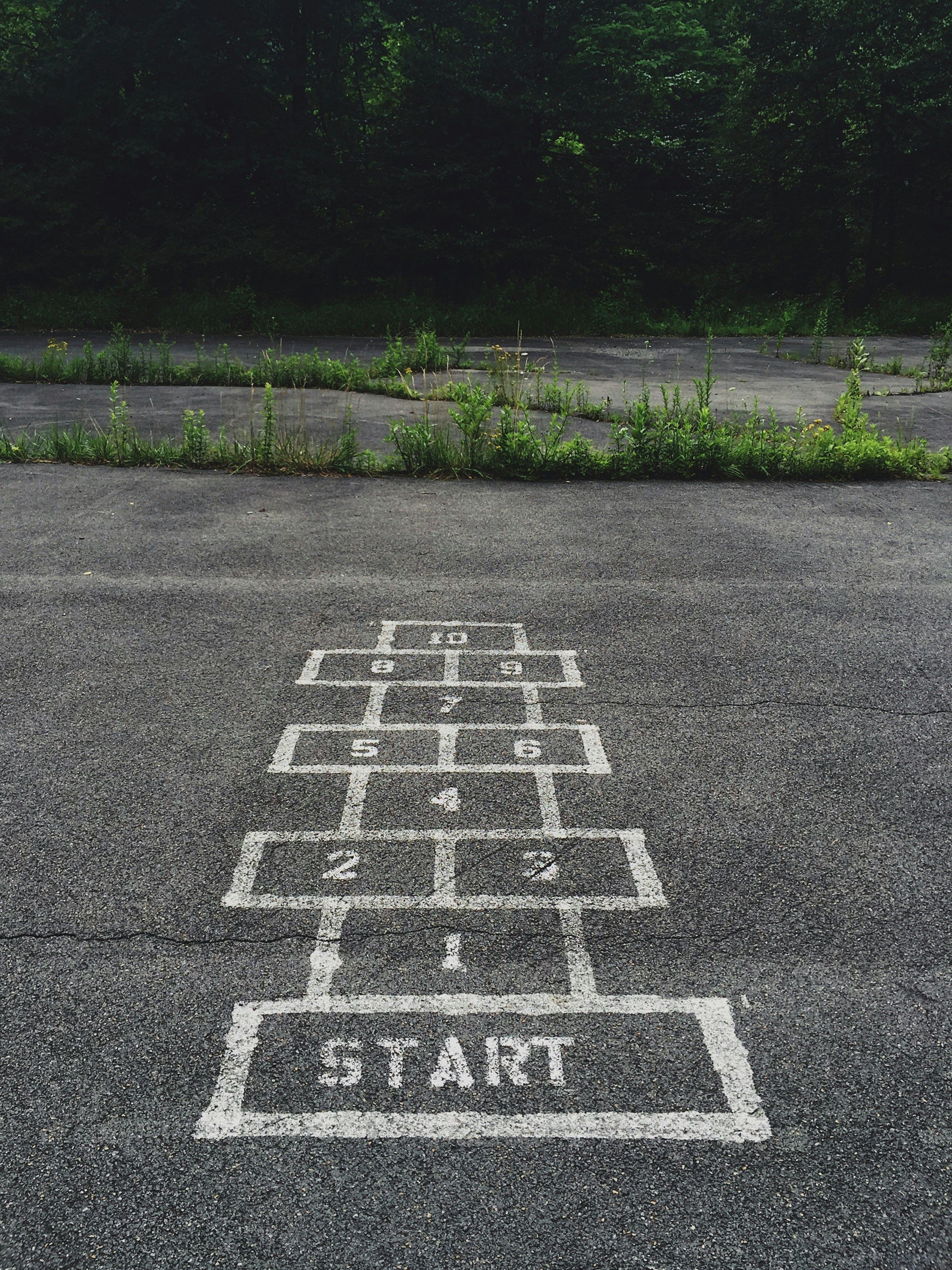 Hop scotch drawn onto pavement with chalk.