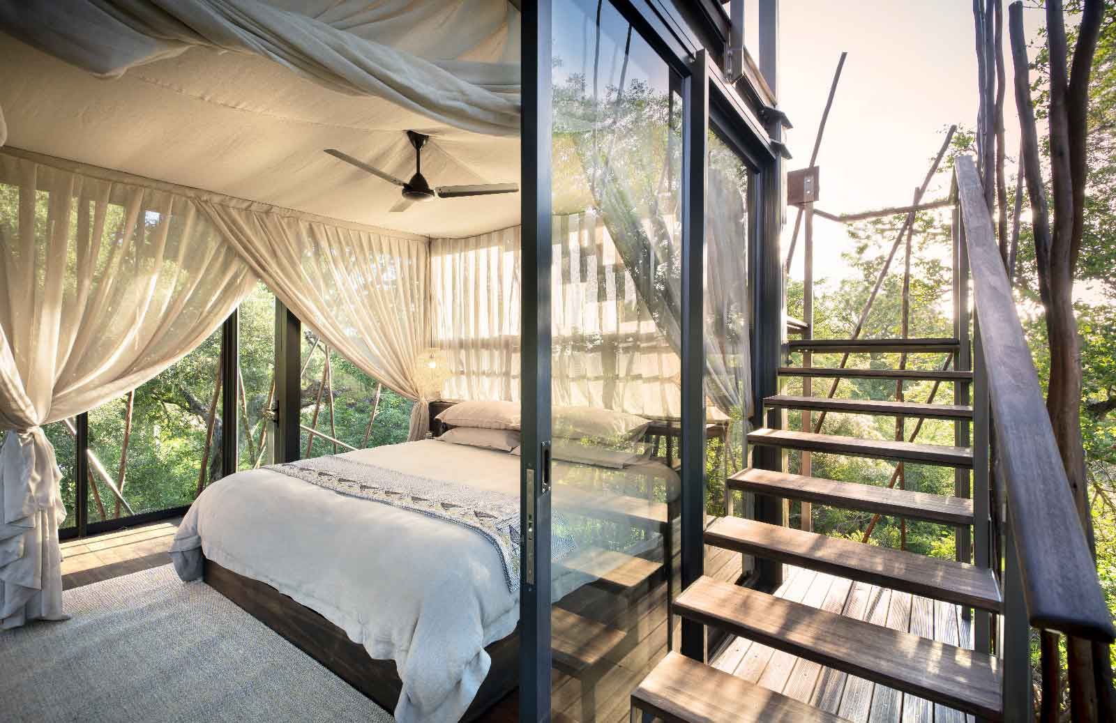 Sun Safaris - Ngala Treehouse - Covered-Bedroom-staircase