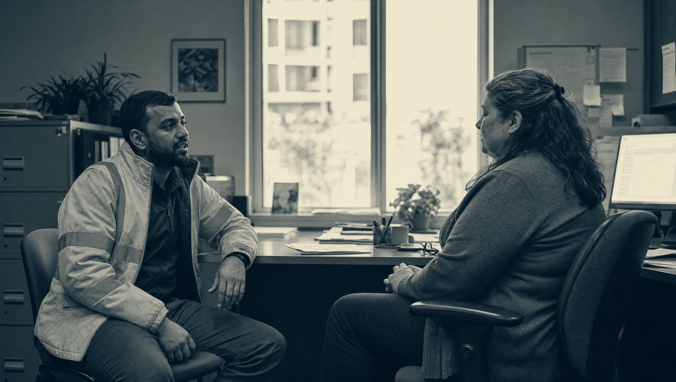 A case manager sits turned away from her computer screen, listening to a worker in a hi-vis jacket seated across the desk. The monitor is still on beside them, unattended.