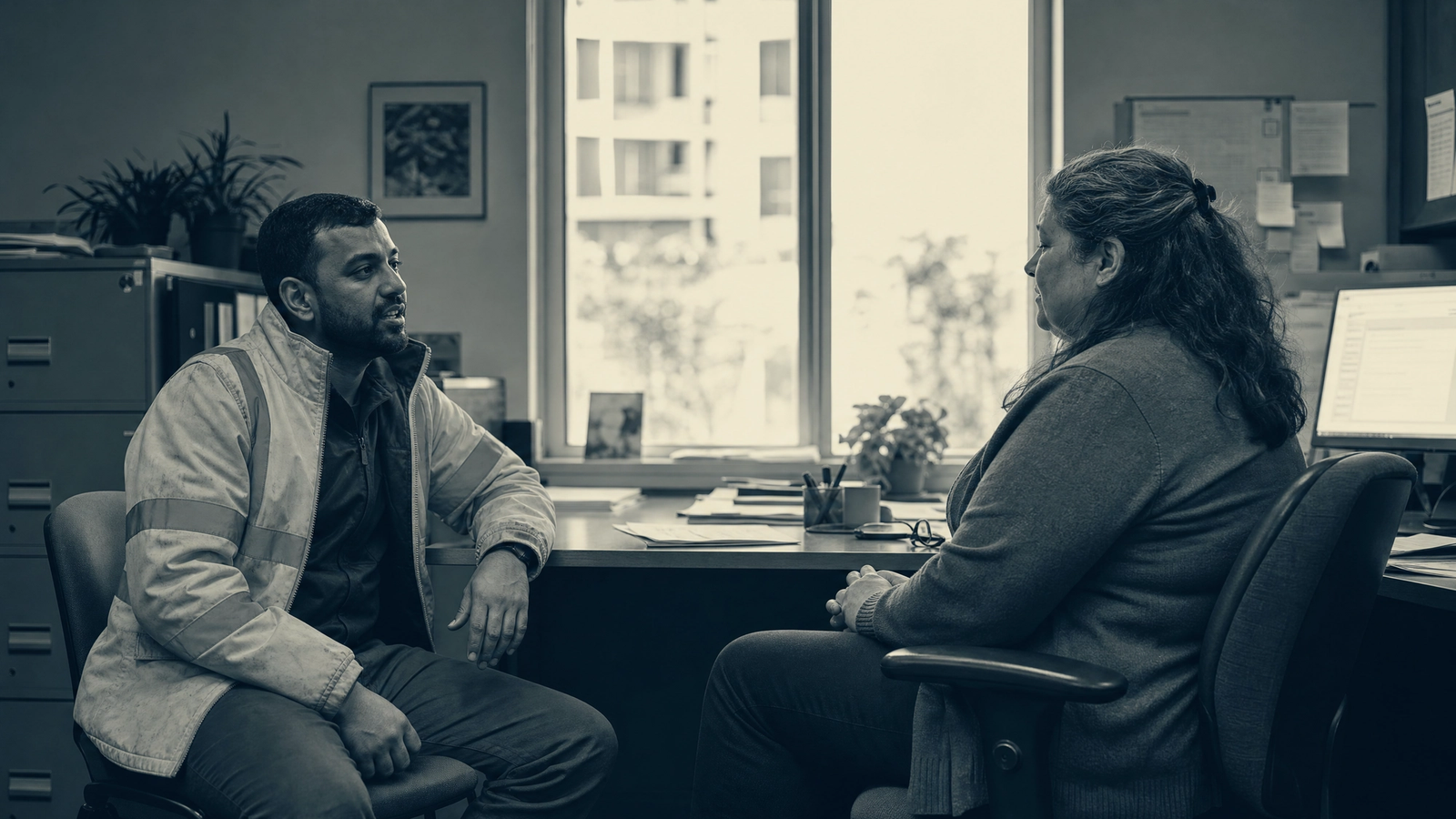 A case manager sits turned away from her computer screen, listening to a worker in a hi-vis jacket seated across the desk. The monitor is still on beside them, unattended.
