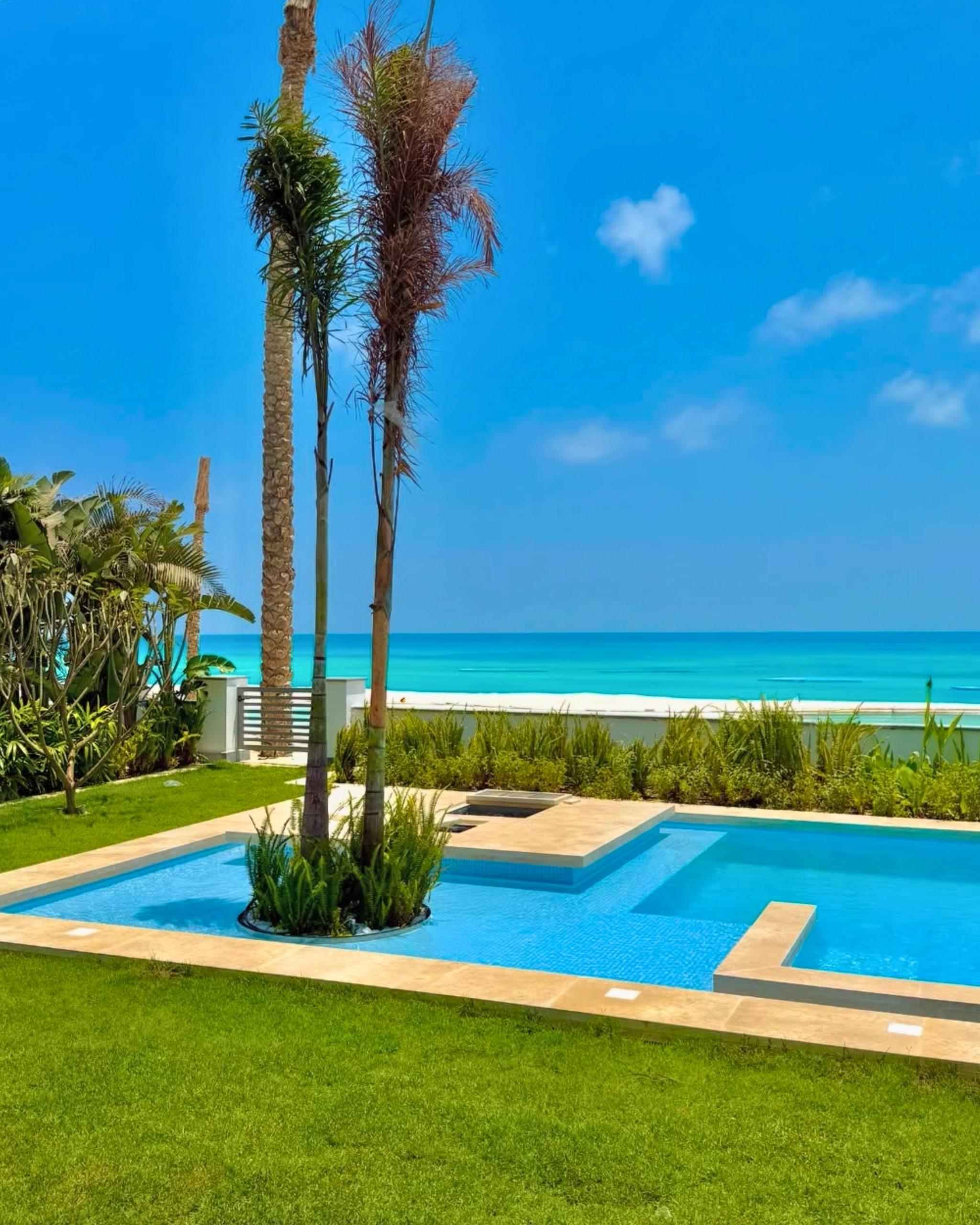A pool and palm trees above the Mediterranean on the North Coast